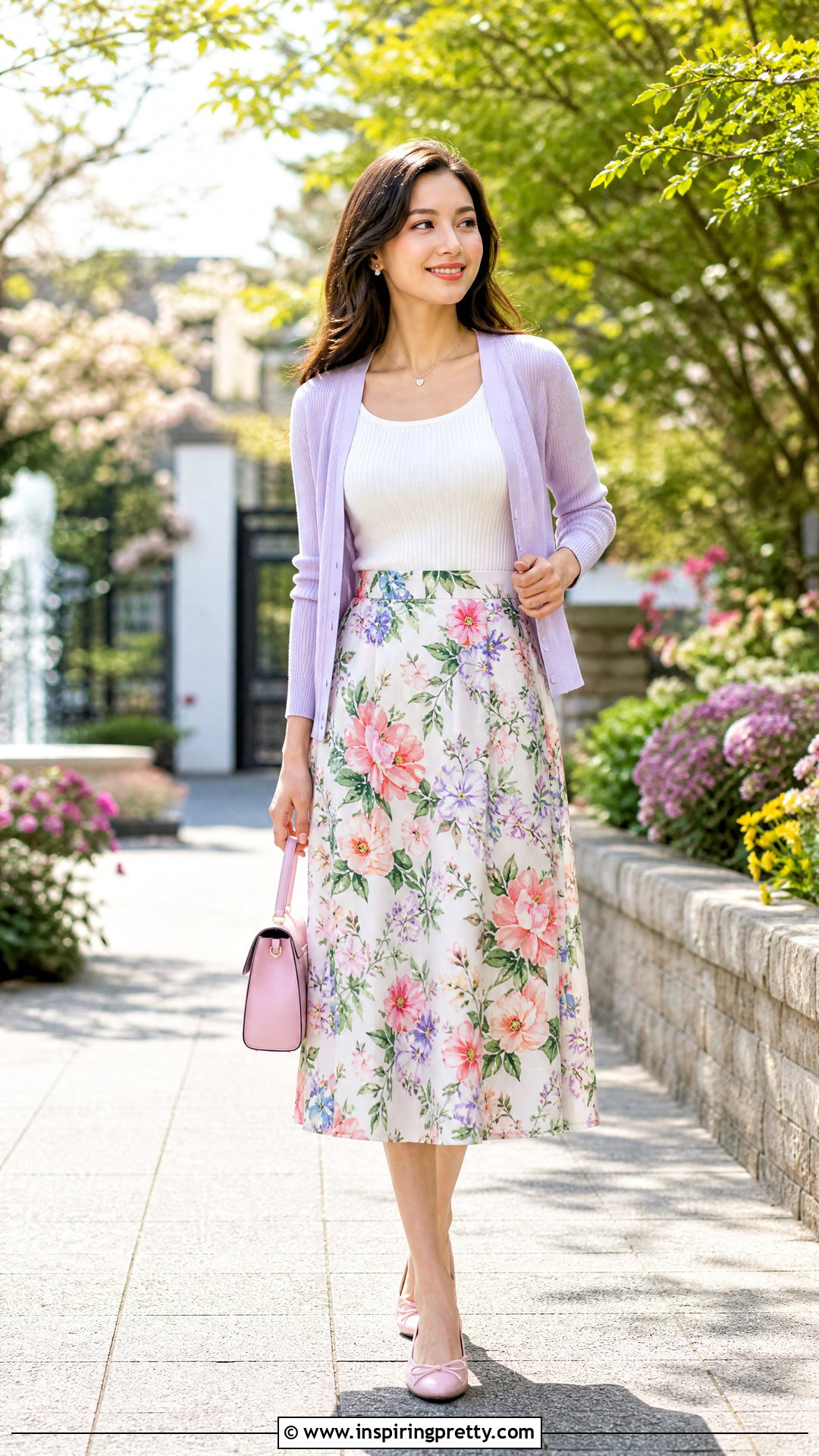 White Basic Top With Floral Midi Skirt - 50 white basic top outfit ideas