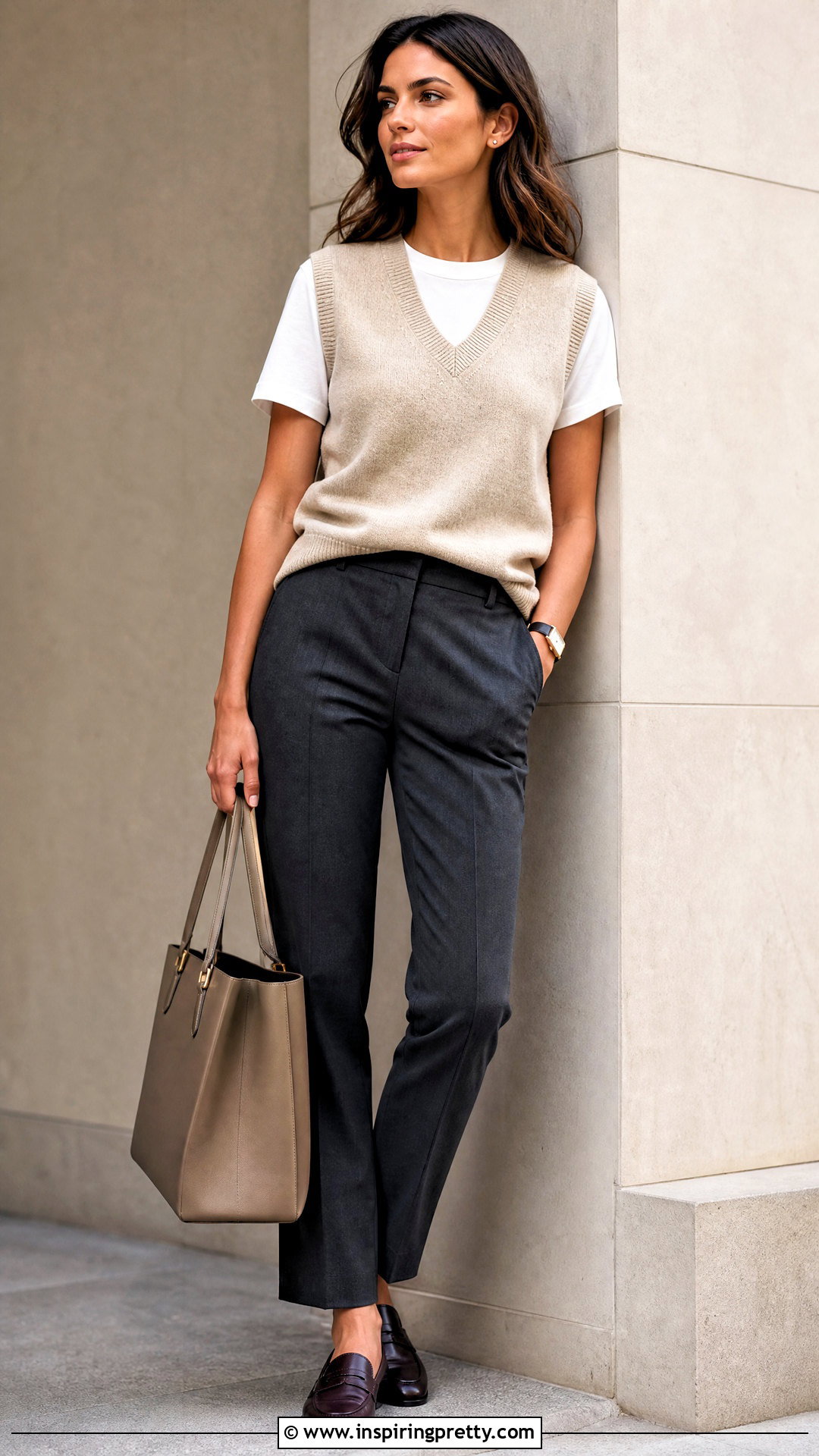 White Basic Top With Knit Vest And Trousers - 50 white basic top outfit ideas