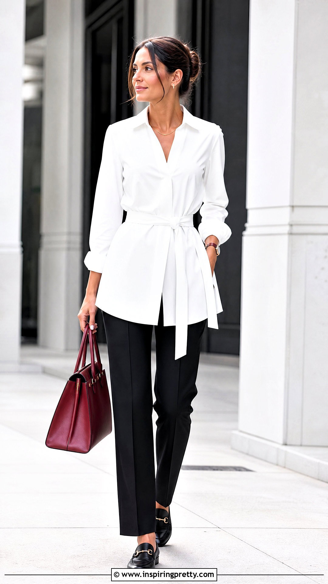 White Belted Top With Black Pants - 50 belt top outfit ideas