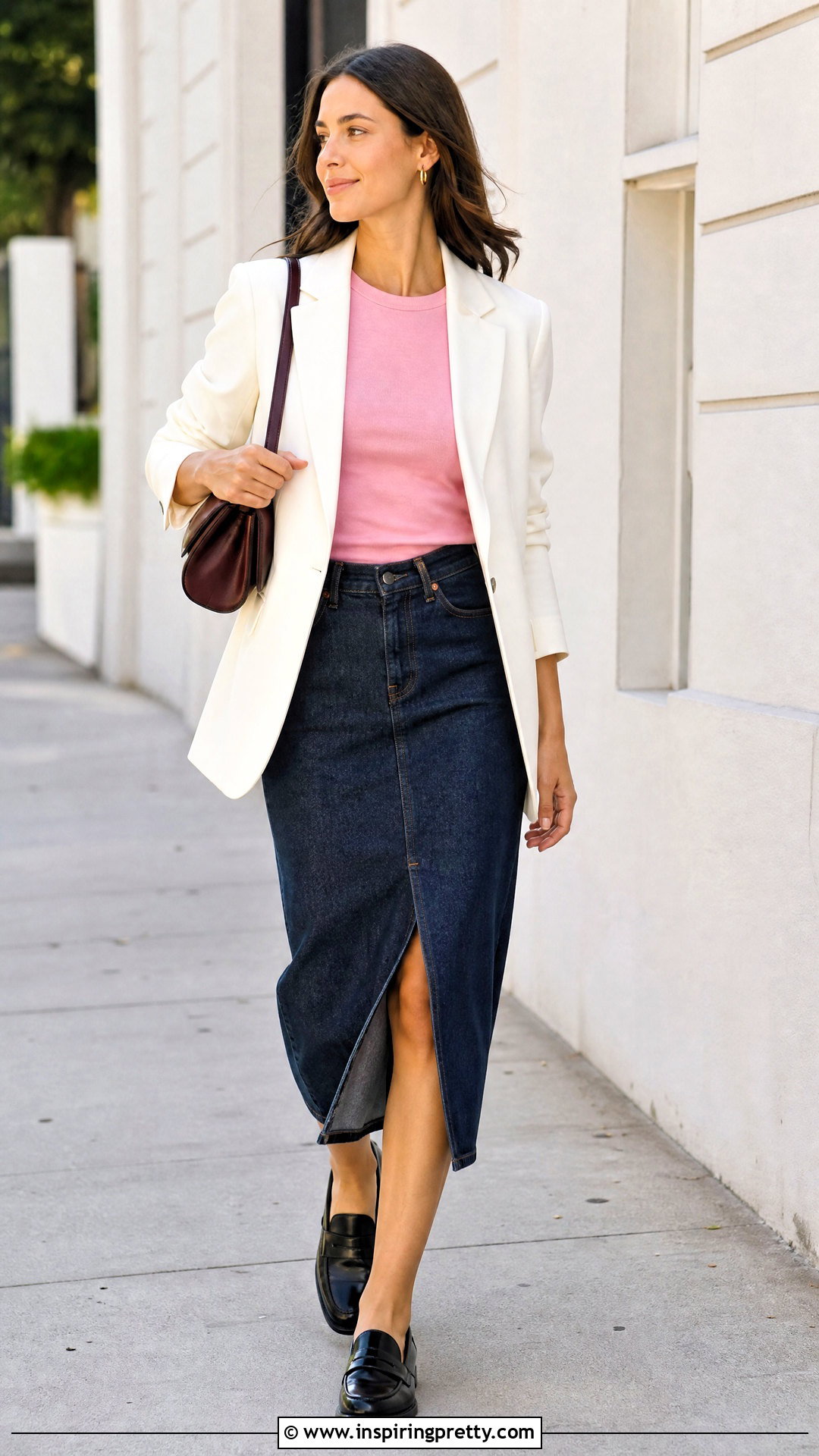 White Blazer Pink Top With Denim Midi Skirt - 25 white blazer pink top outfit ideas