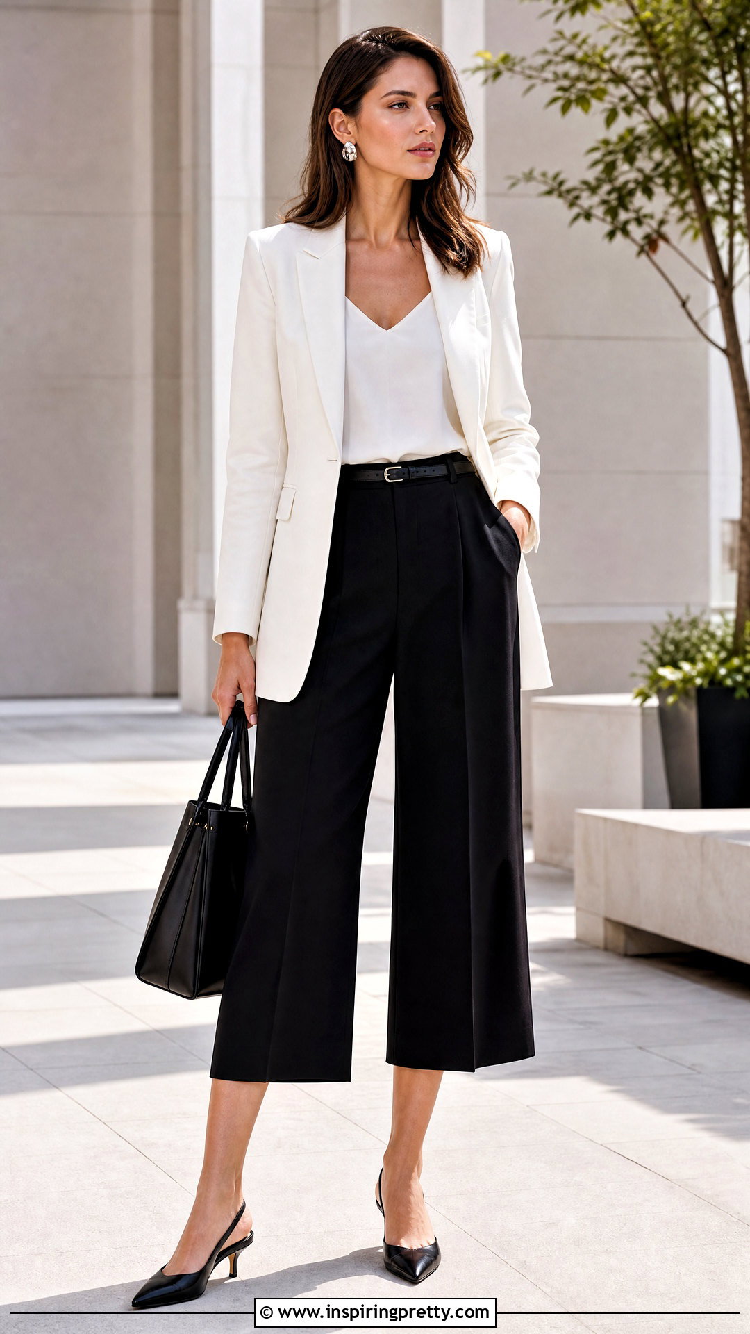 White Blazer With Black Culottes - 50 white top black bottom outfit ideas