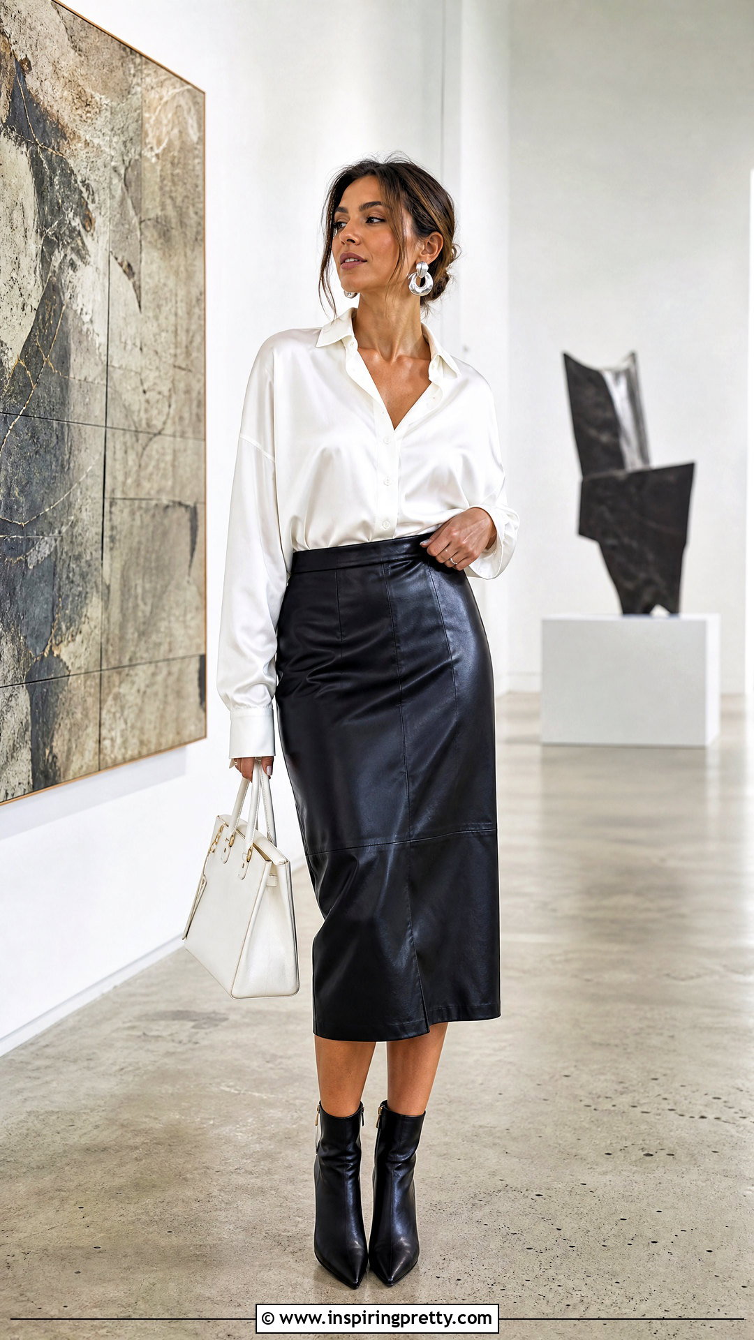 White Blouse And Black Leather Midi Skirt Set - 20 Black And White Skirt And Top Set outfit ideas
