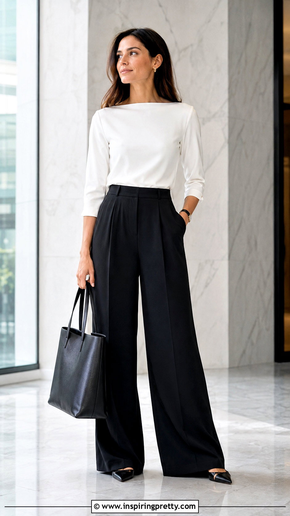White Boatneck Top With Wide Leg Trousers - 50 boatneck top outfit ideas