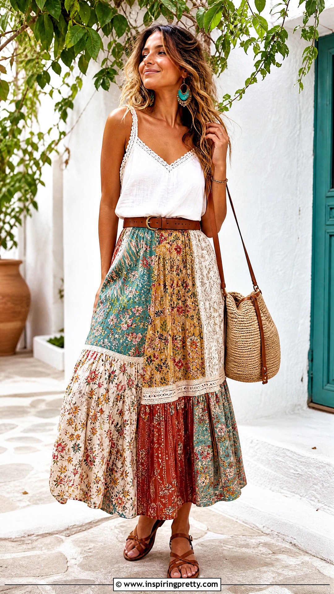White Bohemian Tank Top With Patchwork Maxi Skirt - 25 Bohemian Tank Tops outfit ideas
