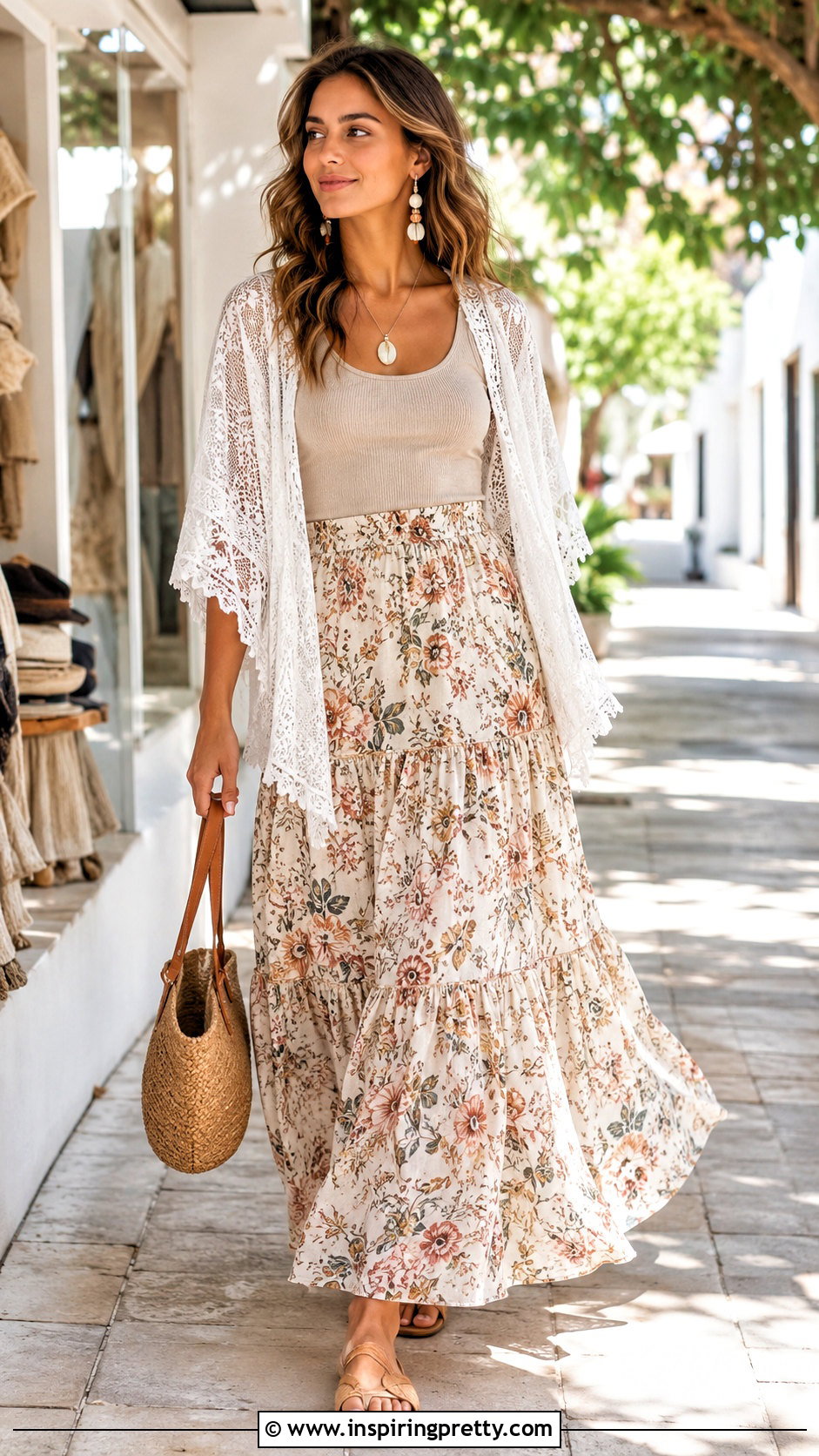 White Boho Kimono Top With Maxi Skirt - 20 boho kimono top outfit ideas