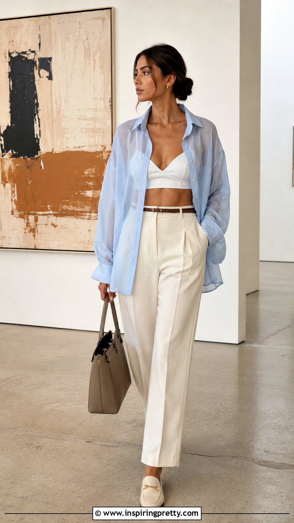 White Bralette Crop Top Under A Sheer Shirt - 20 White Bralette Crop Top outfit ideas