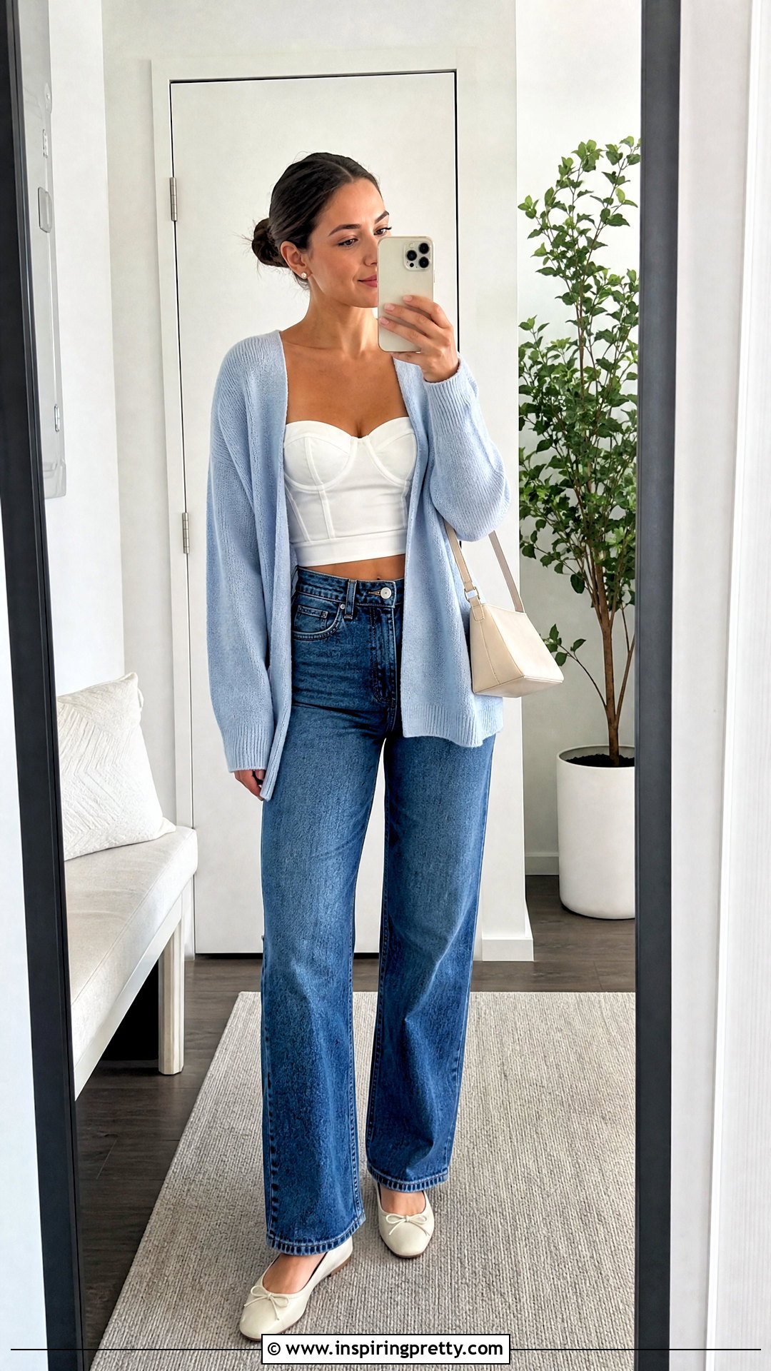 White Bustier Crop Top With Cardigan And Jeans - 20 White Bustier Crop Top outfit ideas