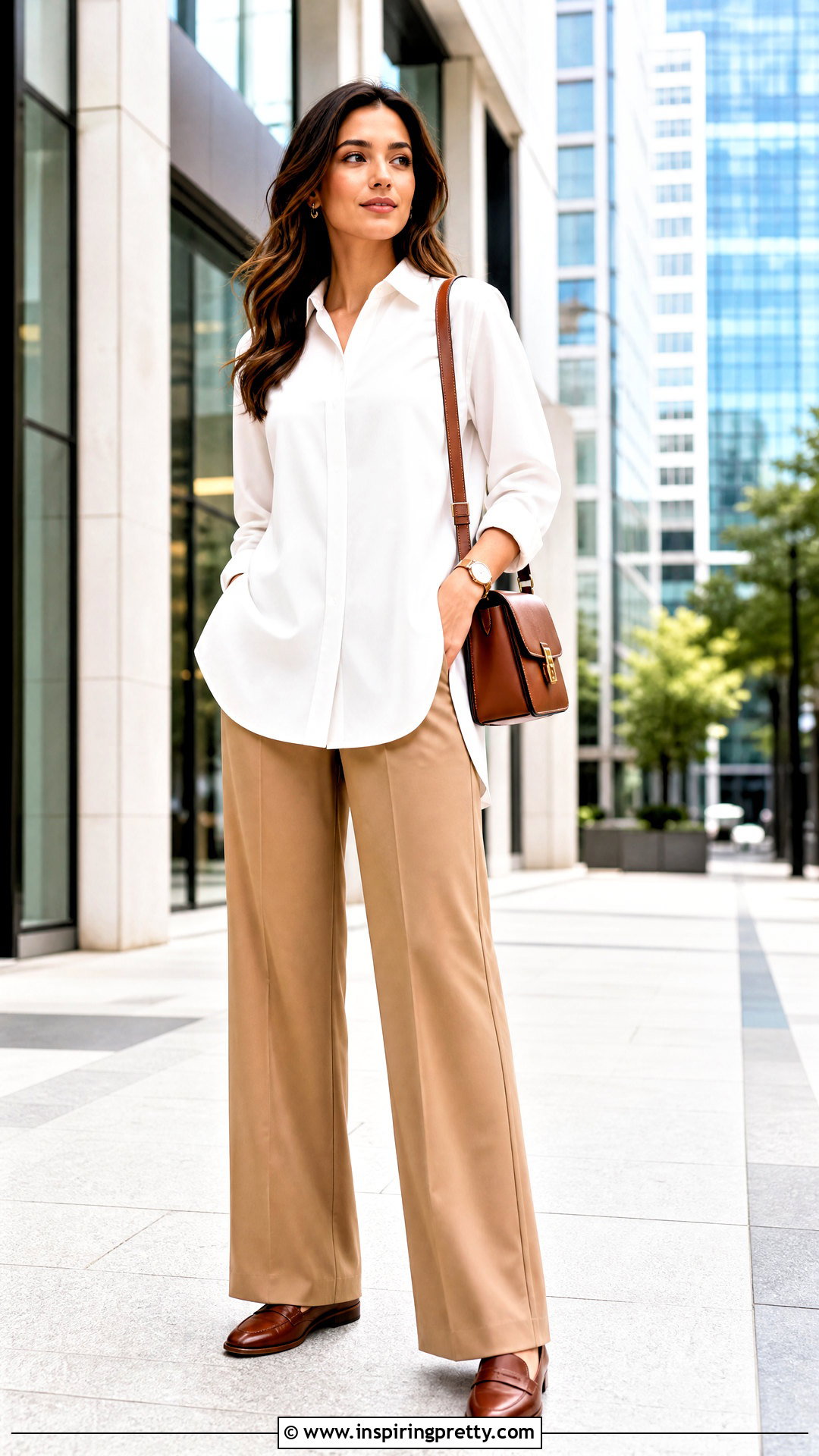 White Button Down Modest Top With Wide Leg Pants - 50 modest tops for women