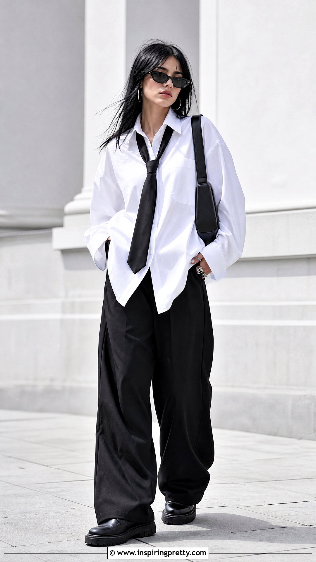 White Button Down Shirt With Black Tie And Trousers - 25 Billie Eilish White Top outfit ideas