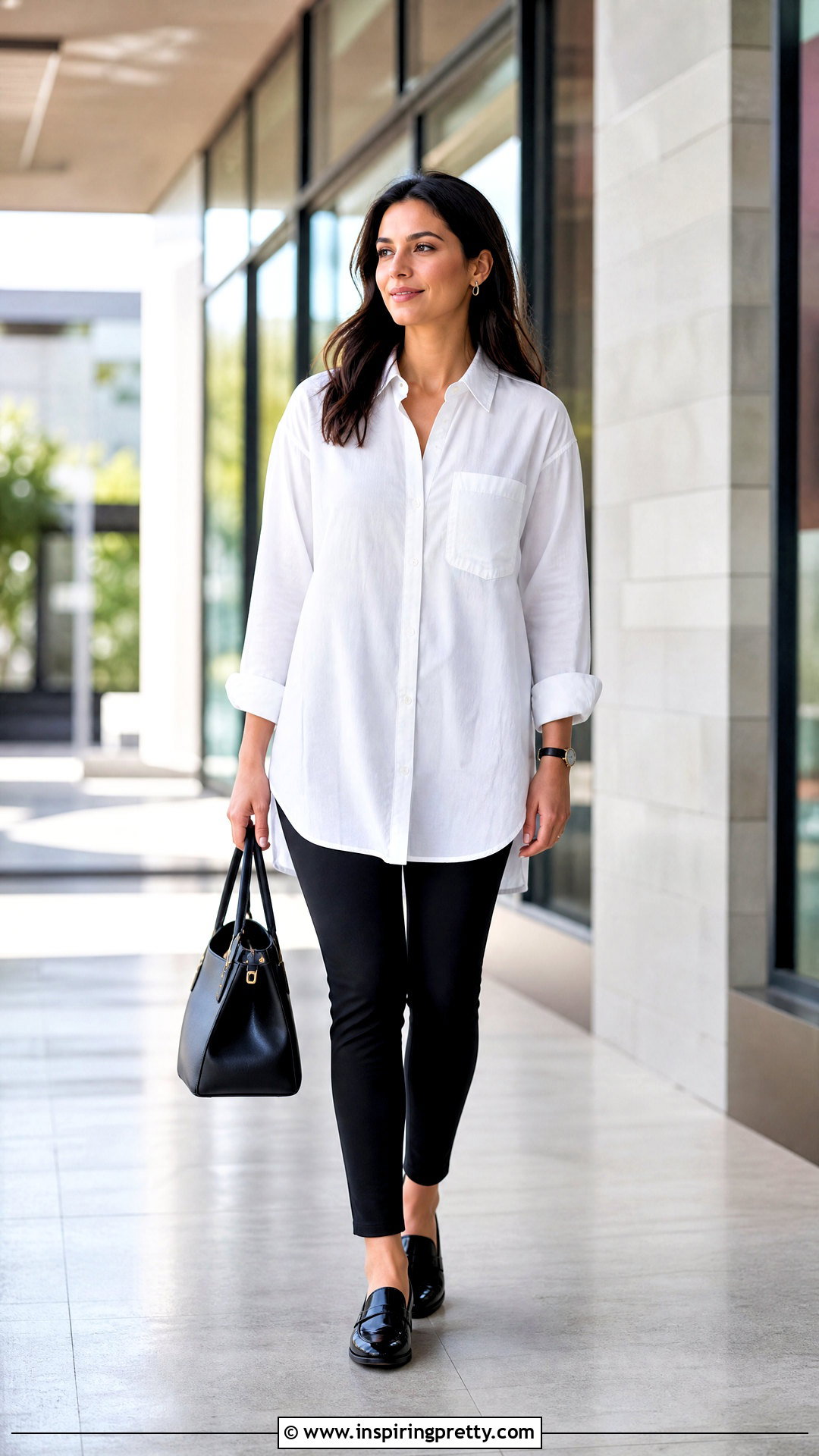 White Button Down Shirt With Leggings And Loafers - 25 leggin tops designs