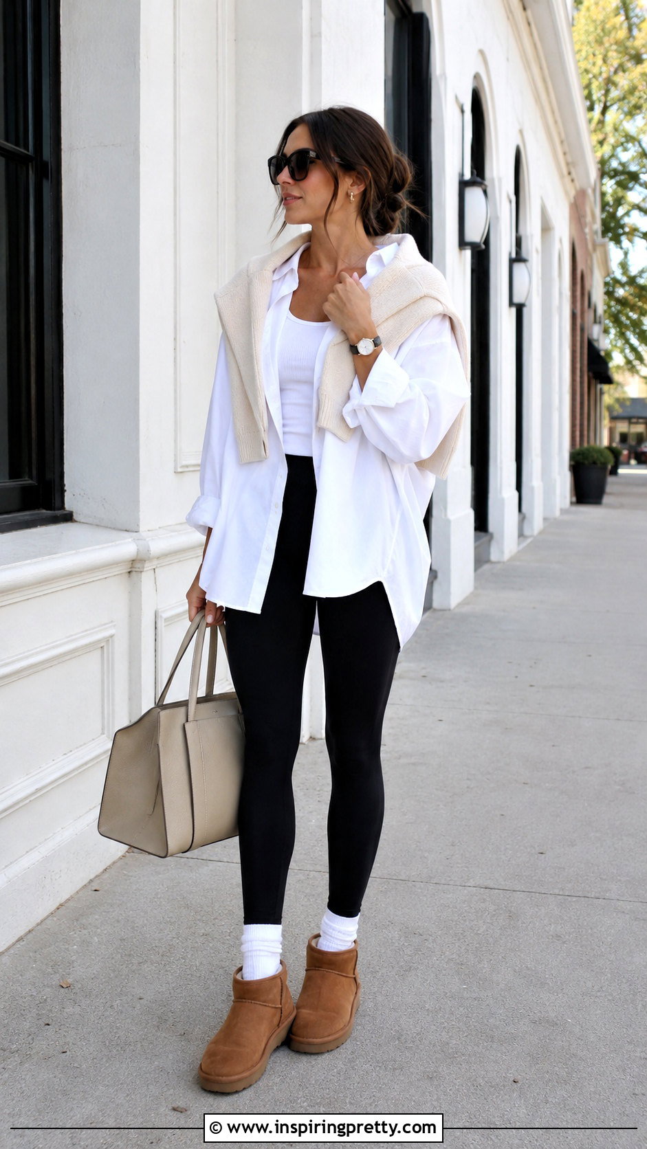 White Button Down Shirt With Leggings And UGG Boots - 20 ugg tops outfit ideas