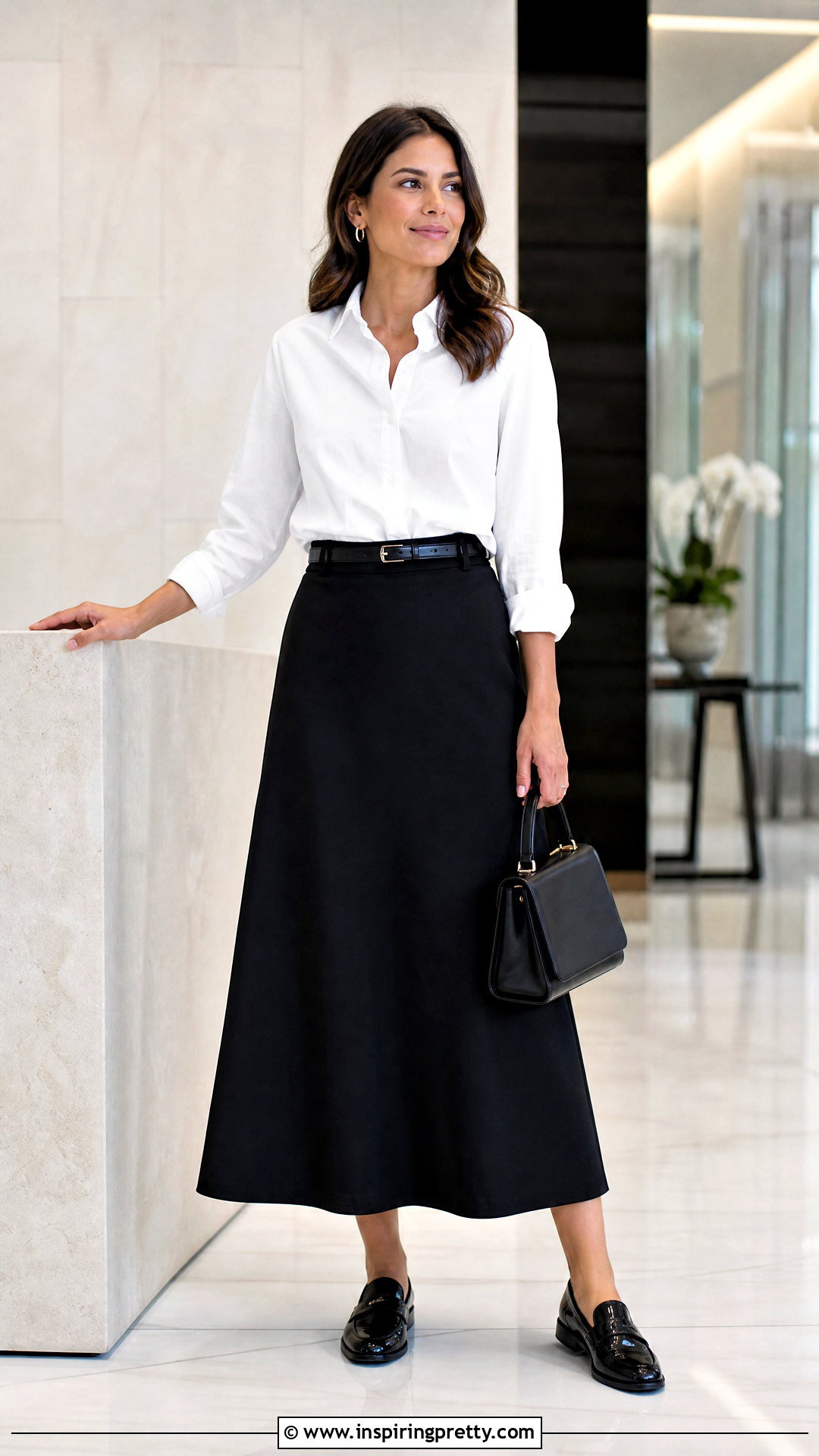 White Button Down Shirt With Long Black Skirt And Loafers - 25 Tops To Go With Long Black Skirts