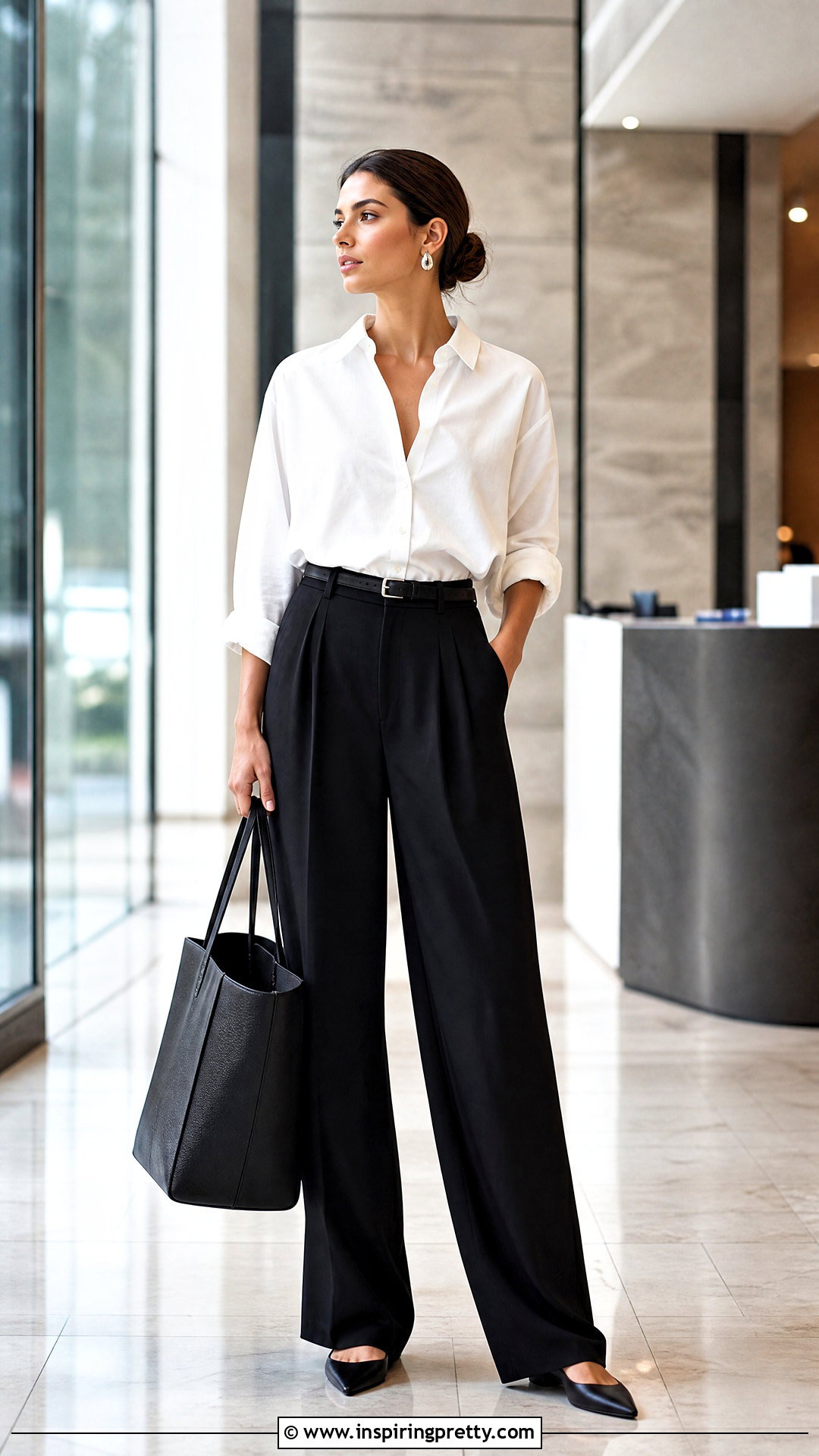 White Button Down Shirt With Wide Leg Trousers - 50 trending tops outfit ideas
