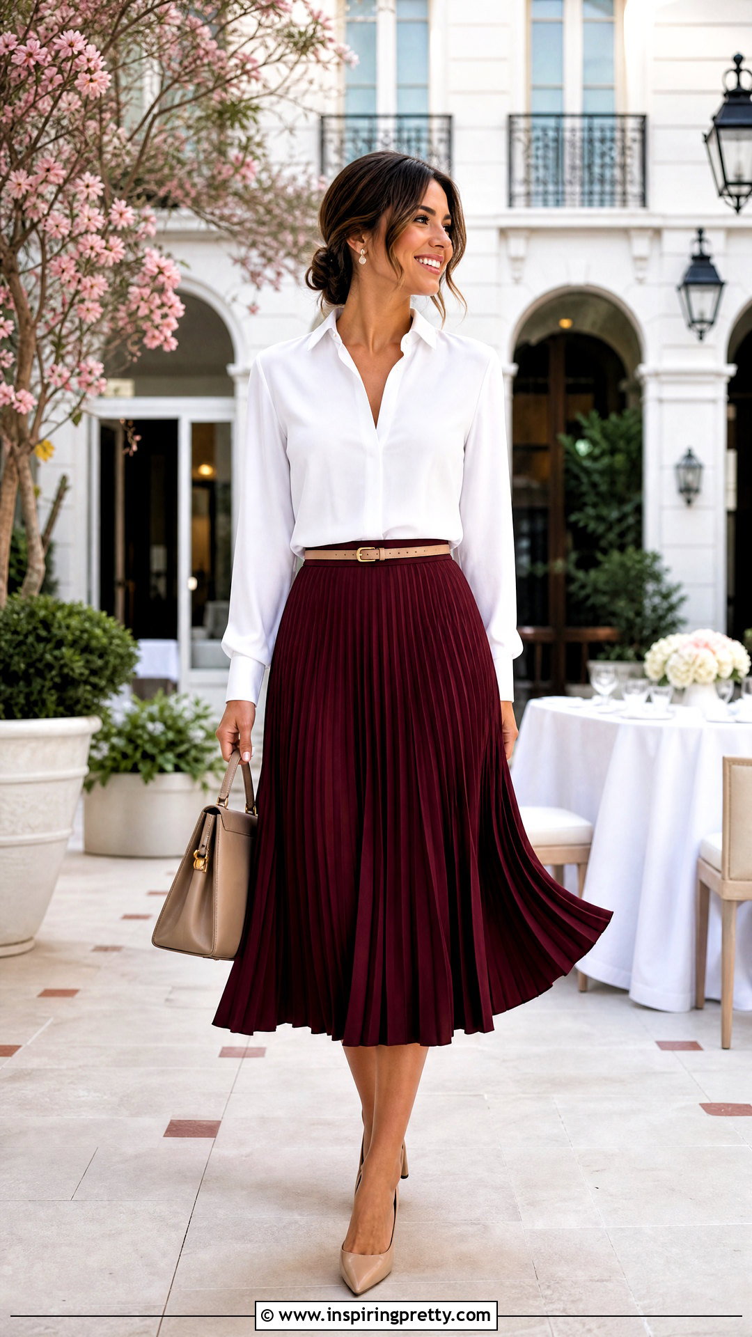 White Button Down Shirt With a Pleated Midi Skirt and Pumps - 50 cute white tops outfit ideas