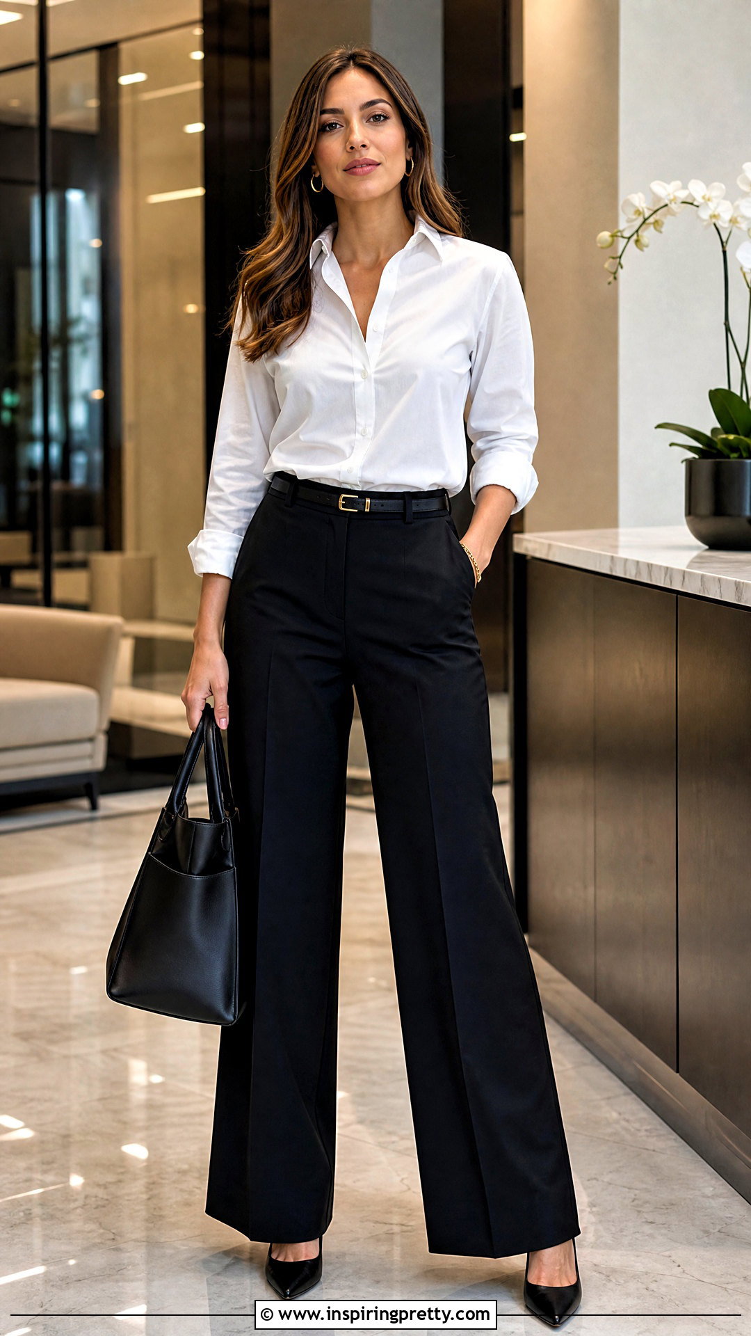 White Button Down Top With Wide Leg Trousers - 50 trendy tops for women classy ideas