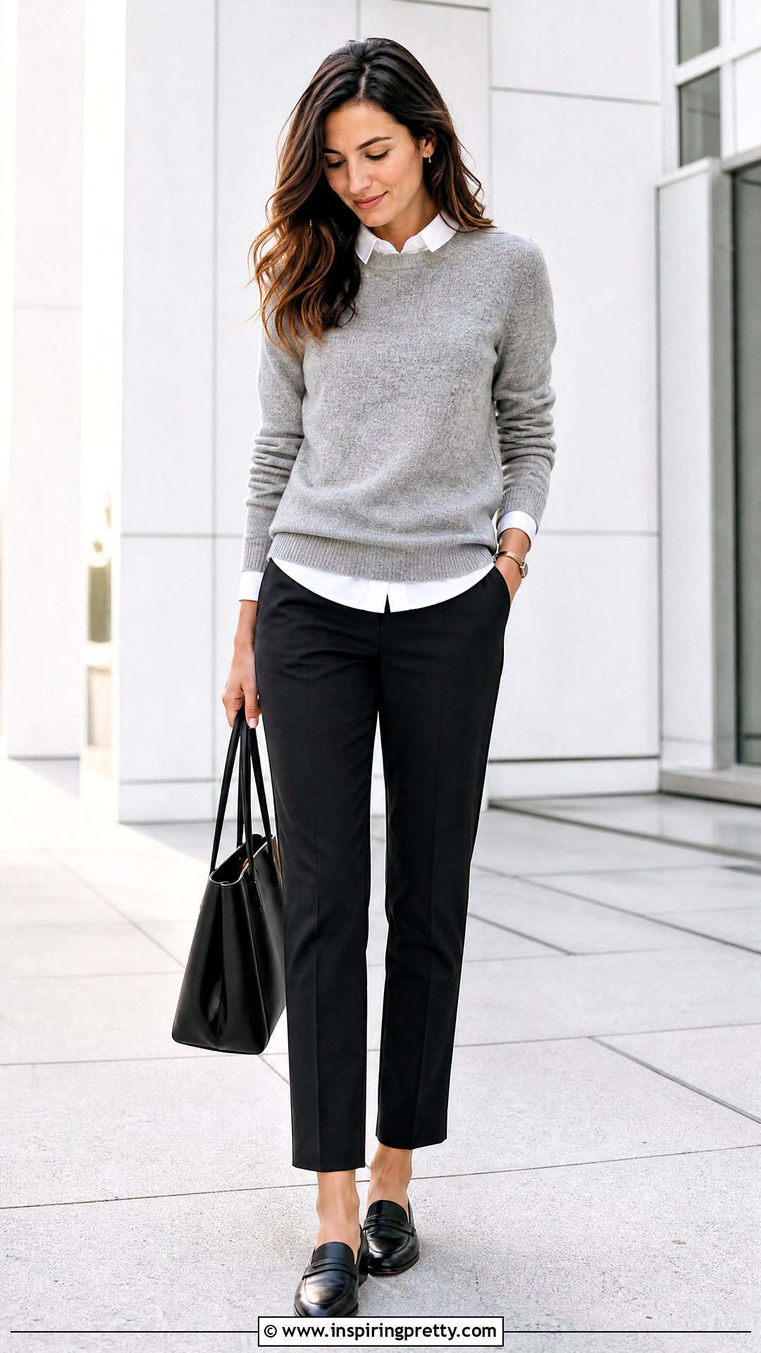 White Button Down Under Crewneck Sweater Outfit - 50 layered tops outfits