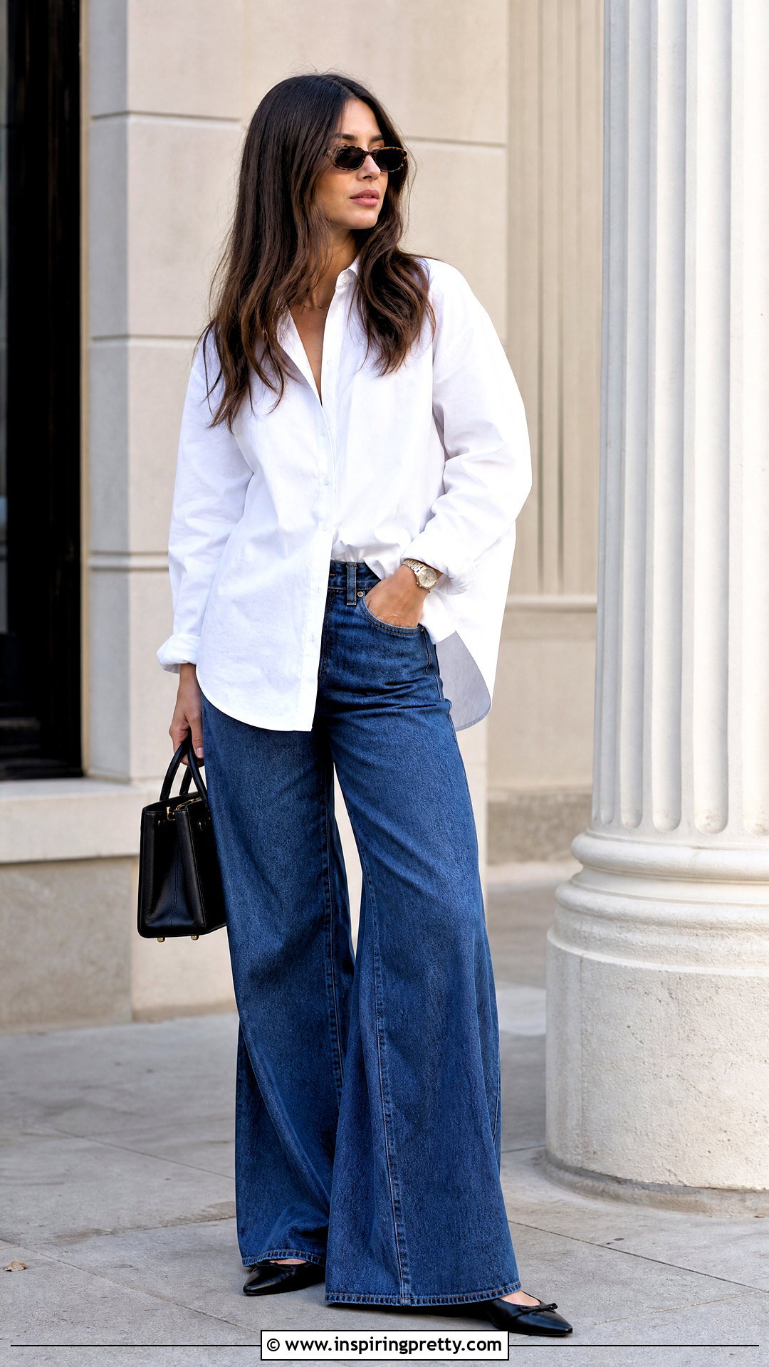 White Button Down With Wide Leg Jeans - 50 white top outfit ideas