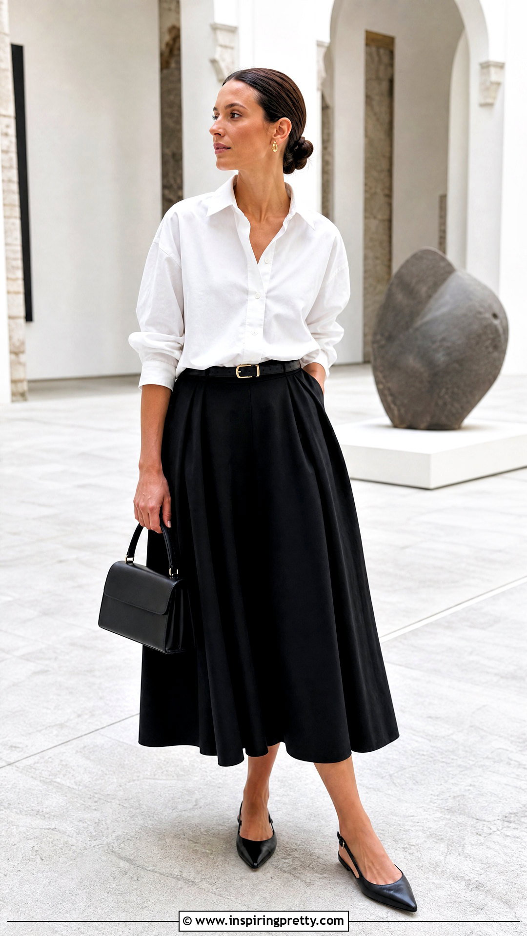 White Button Up Top With Black Midi Skirt - 50 Button Up Top Outfit ideas