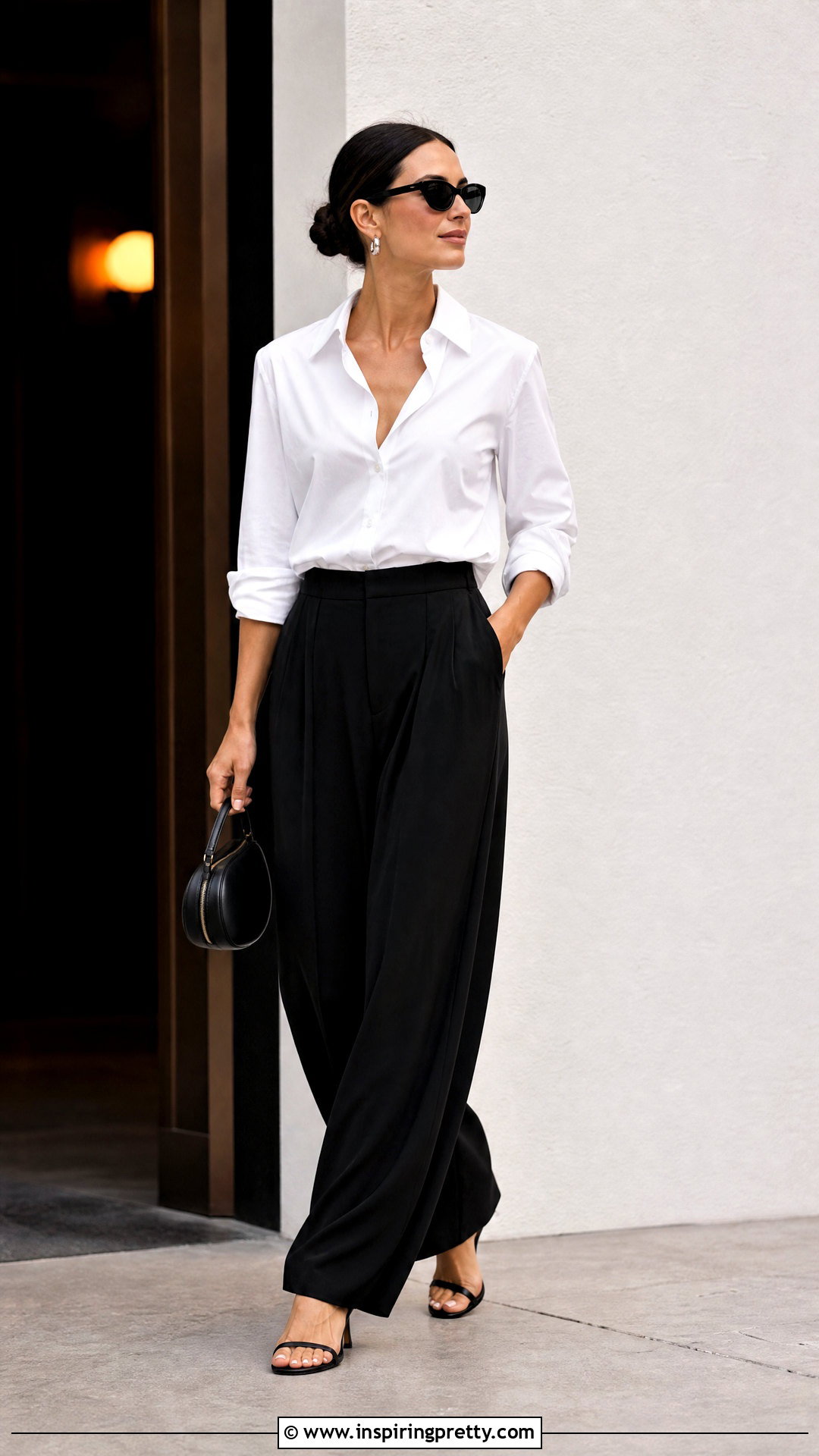 White Button Up With Black Wide Leg Pants - 20 summer white button-up top outfit ideas
