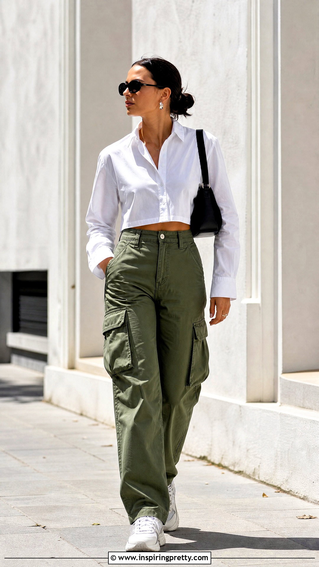 White Button Up With Cargo Pants - 20 summer white button-up top outfit ideas