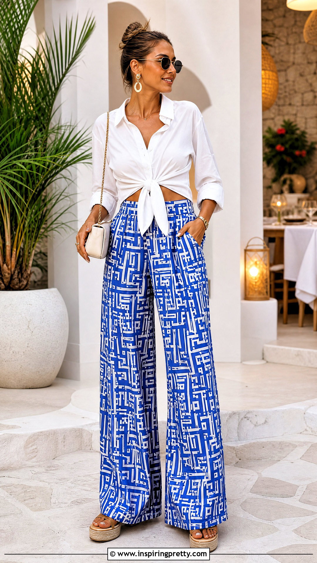White Button Up With Palazzo Pants - 20 summer white button-up top outfit ideas