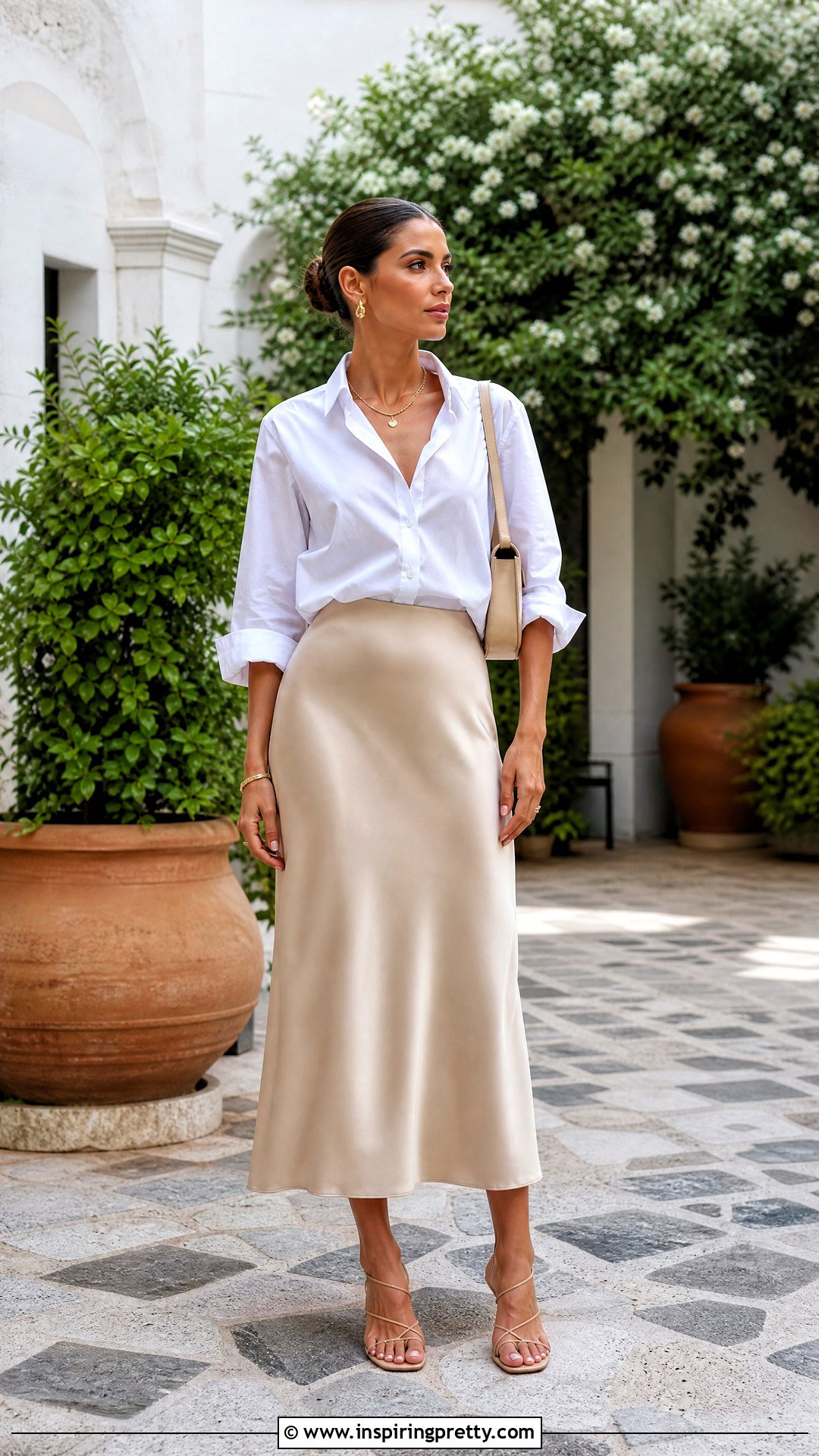 White Button Up With Satin Midi Skirt - 20 summer white button-up top outfit ideas