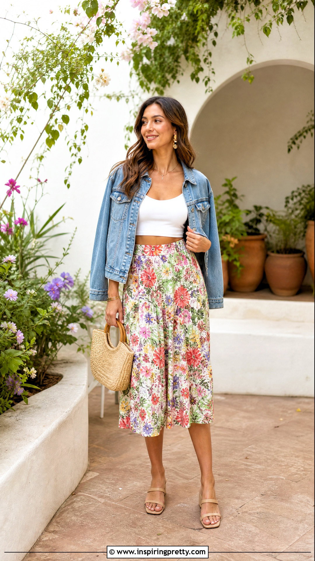 White Cami Crop Top With a Floral Midi Skirt - 25 white cami crop top outfit ideas