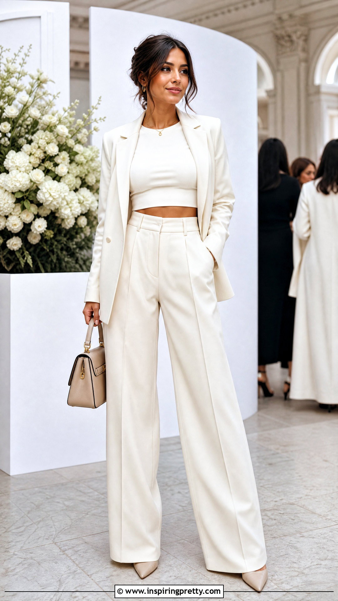 White Cap Sleeve Crop Top With A Matching White Suit - 20 White Cap Sleeve Crop Top outfit ideas