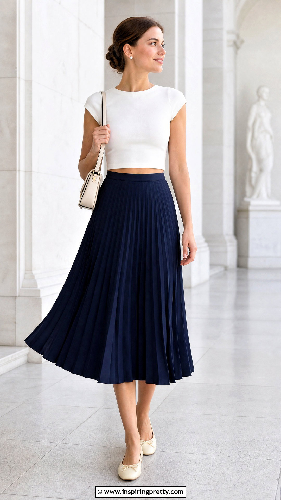 White Cap Sleeve Crop Top With Pleated Midi Skirt - 20 White Cap Sleeve Crop Top outfit ideas