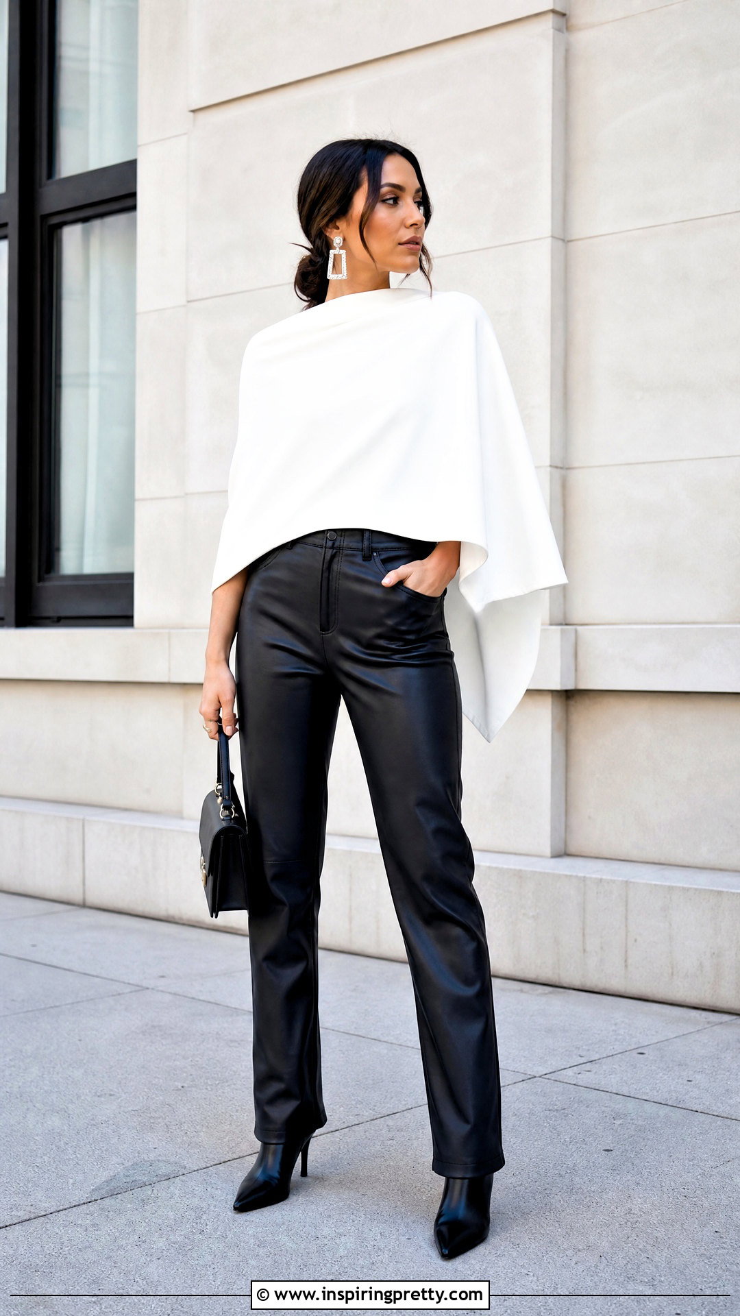White Cape Top With Black Leather Pants - 20 white cape top outfit ideas