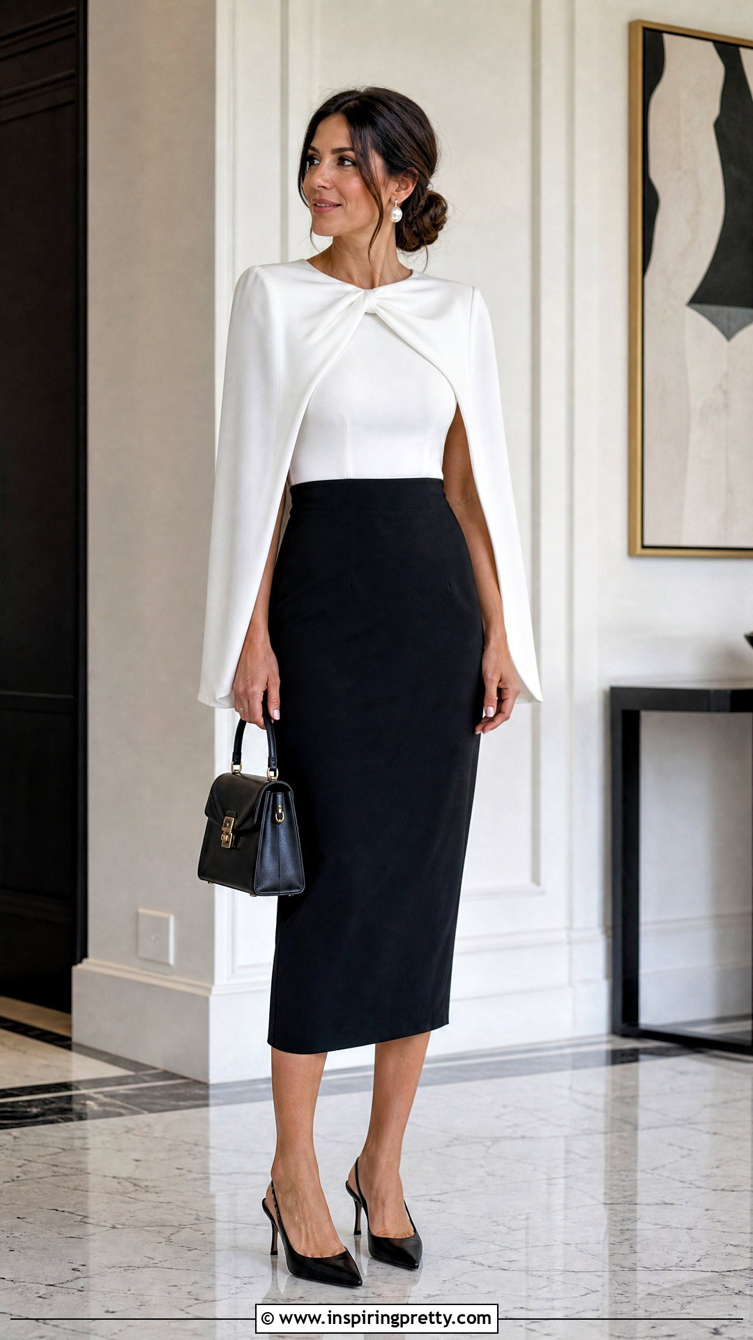 White Cape Top With Black Midi Skirt - 20 white cape top outfit ideas