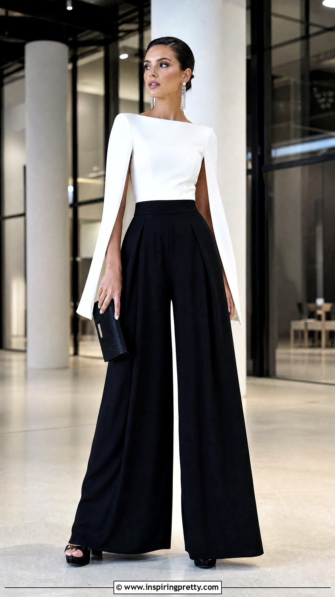 White Cape Top With Black Palazzo Pants - 20 white cape top outfit ideas