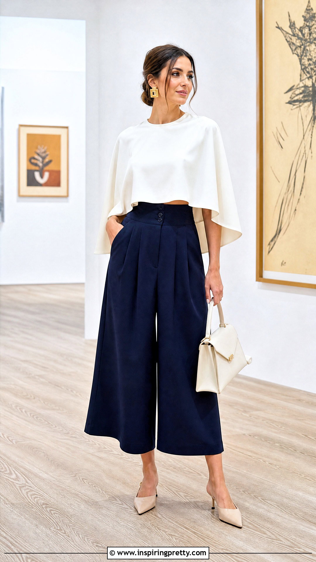 White Cape Top With Culottes - 20 white cape top outfit ideas