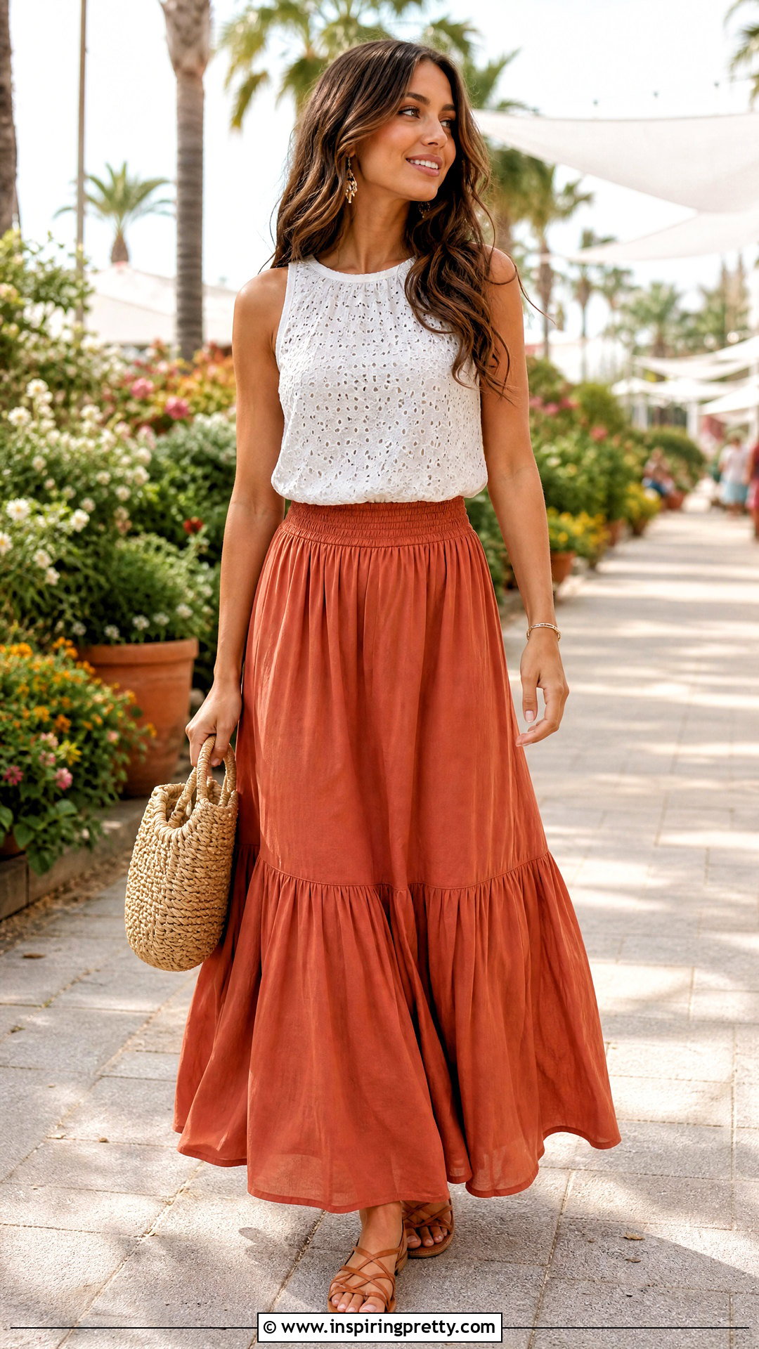 White Casual Eyelet Top With Maxi Skirt - 20 White Casual Top Fashion outfit ideas