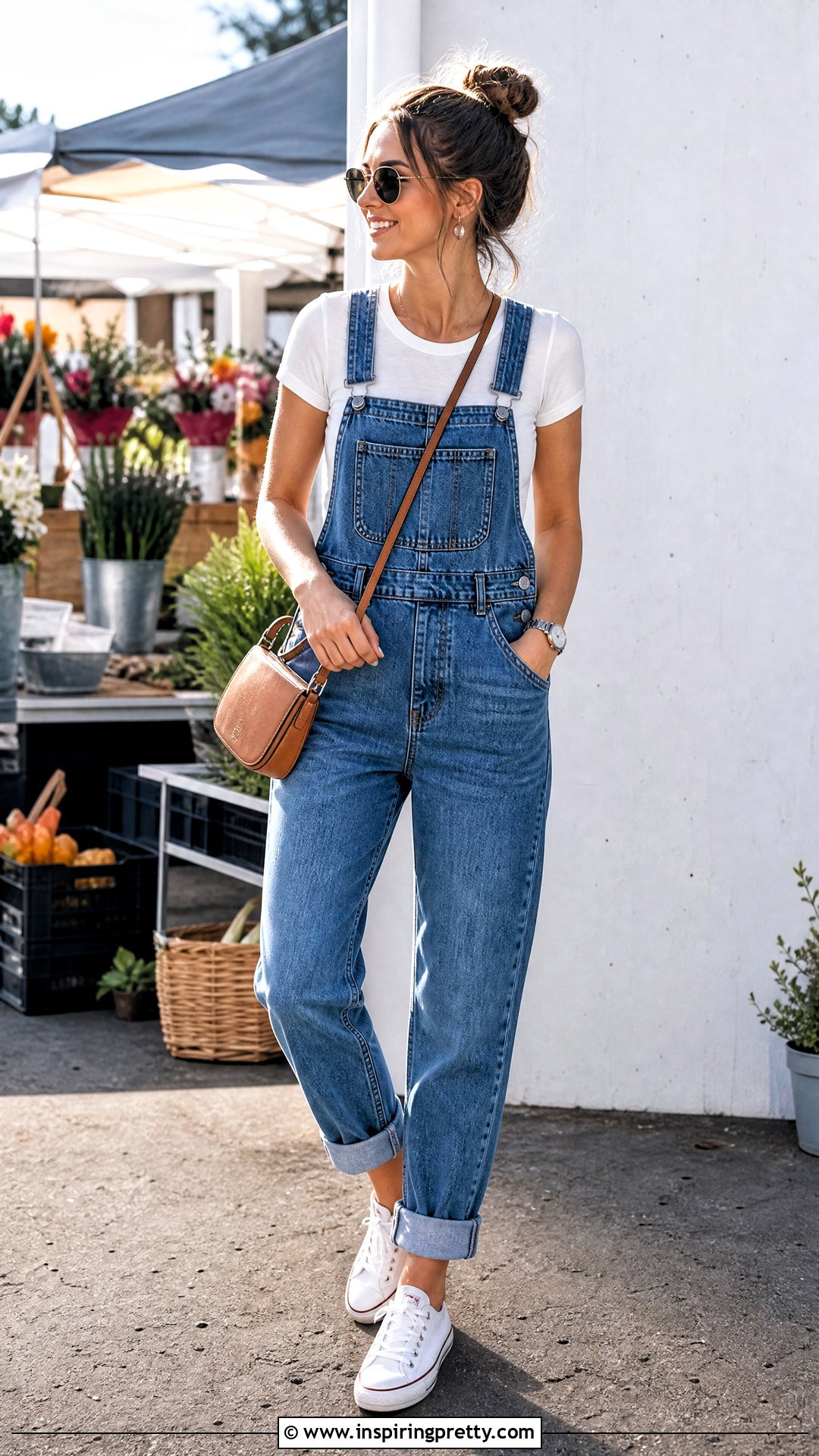 White Casual Top With Denim Overalls - 20 White Casual Top Fashion outfit ideas