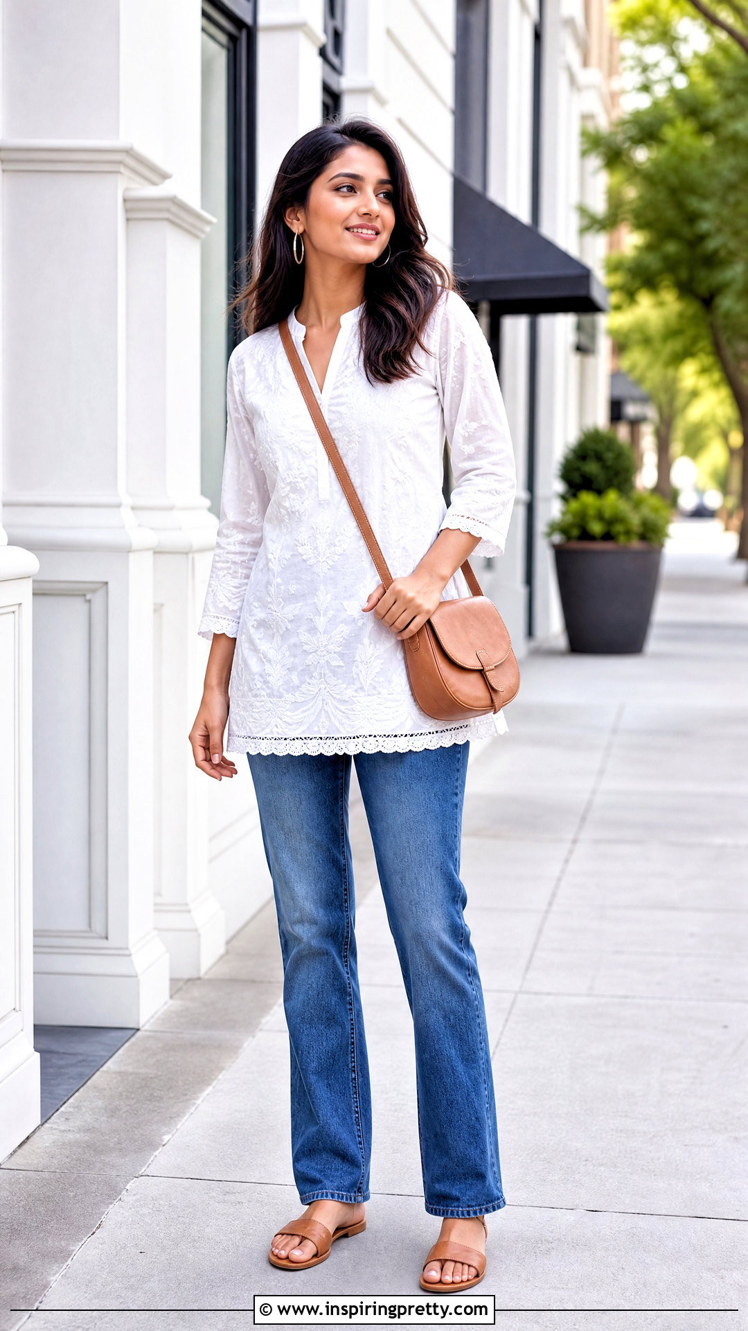 White Chikankari Short Kurti With Straight Jeans - 50 short kurti top outfit ideas