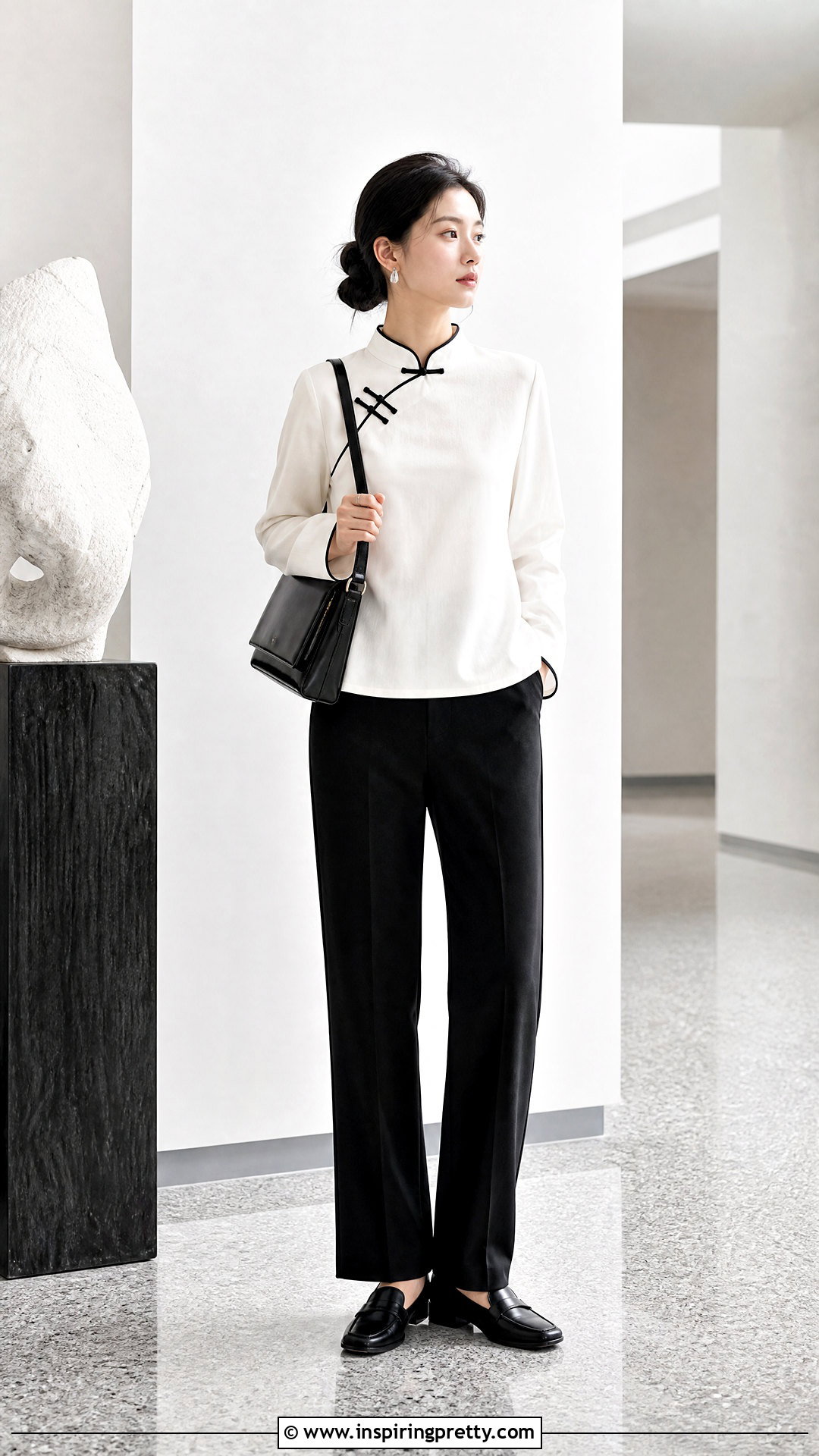 White Chinese Top With All Black Basics - 50 chinese top outfit ideas