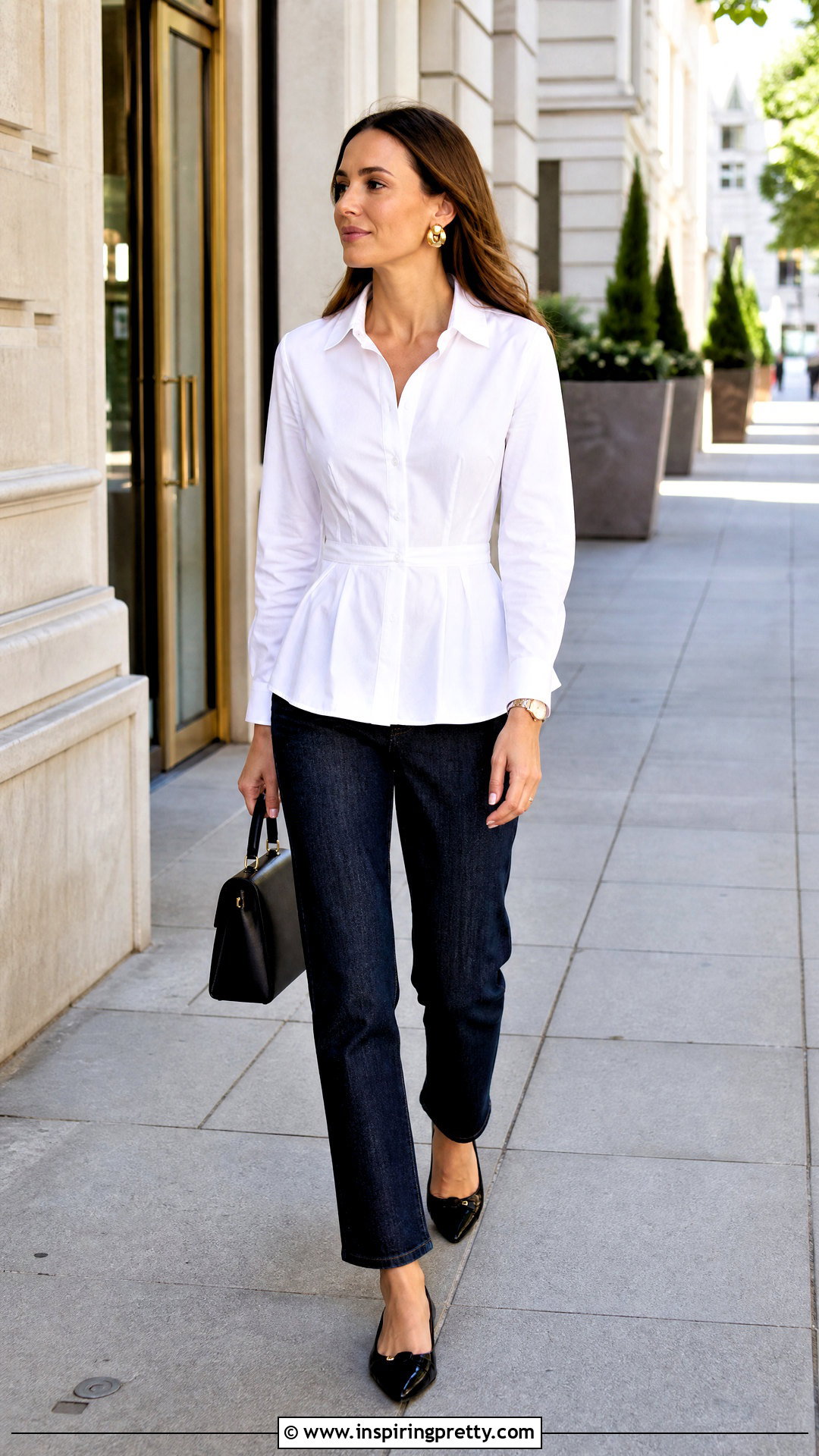 White Cinched Waist Top With Dark Jeans - 50 cinched waist top outfit ideas