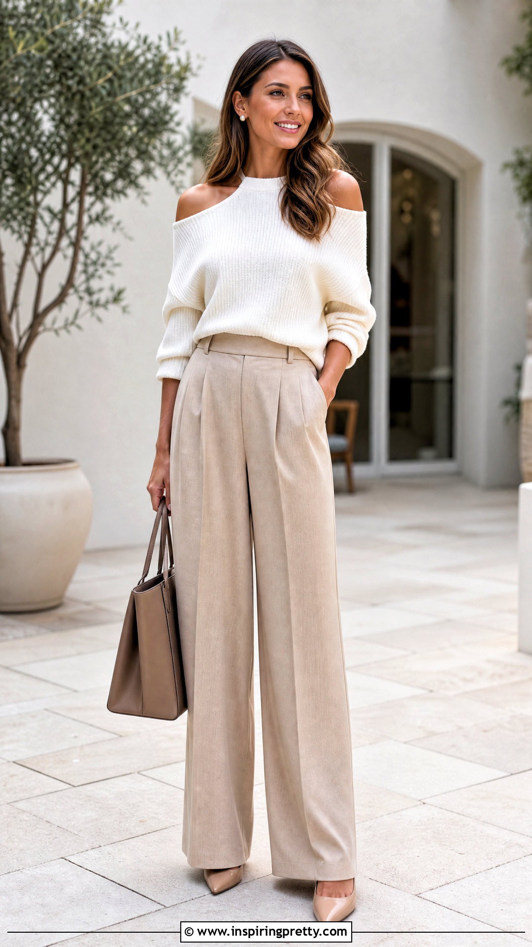 White Cold Shoulder Knit Top With Wide Leg Pants - 25 cold shoulder knit top outfit ideas