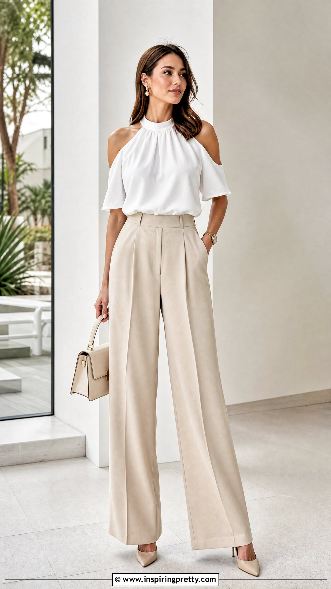 White Cold Shoulder Top With Wide Leg Trousers - 50 cold shoulder top outfit ideas