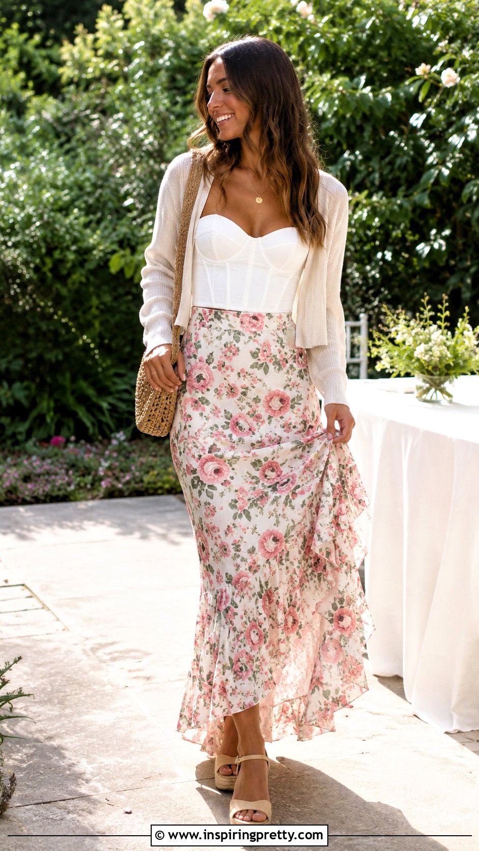 White Corset Top And Floral Maxi Skirt - 50 corset top and skirt outfit ideas