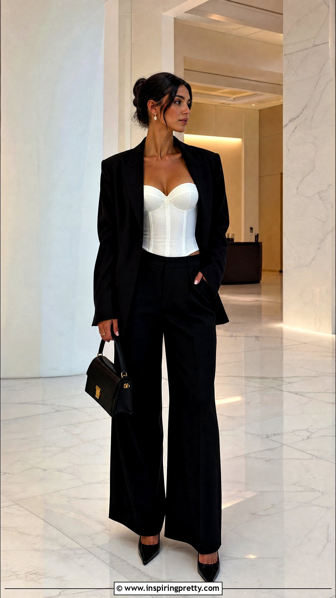 White Corset Top With Black Wide Leg Trousers - 50 white corset top outfit ideas