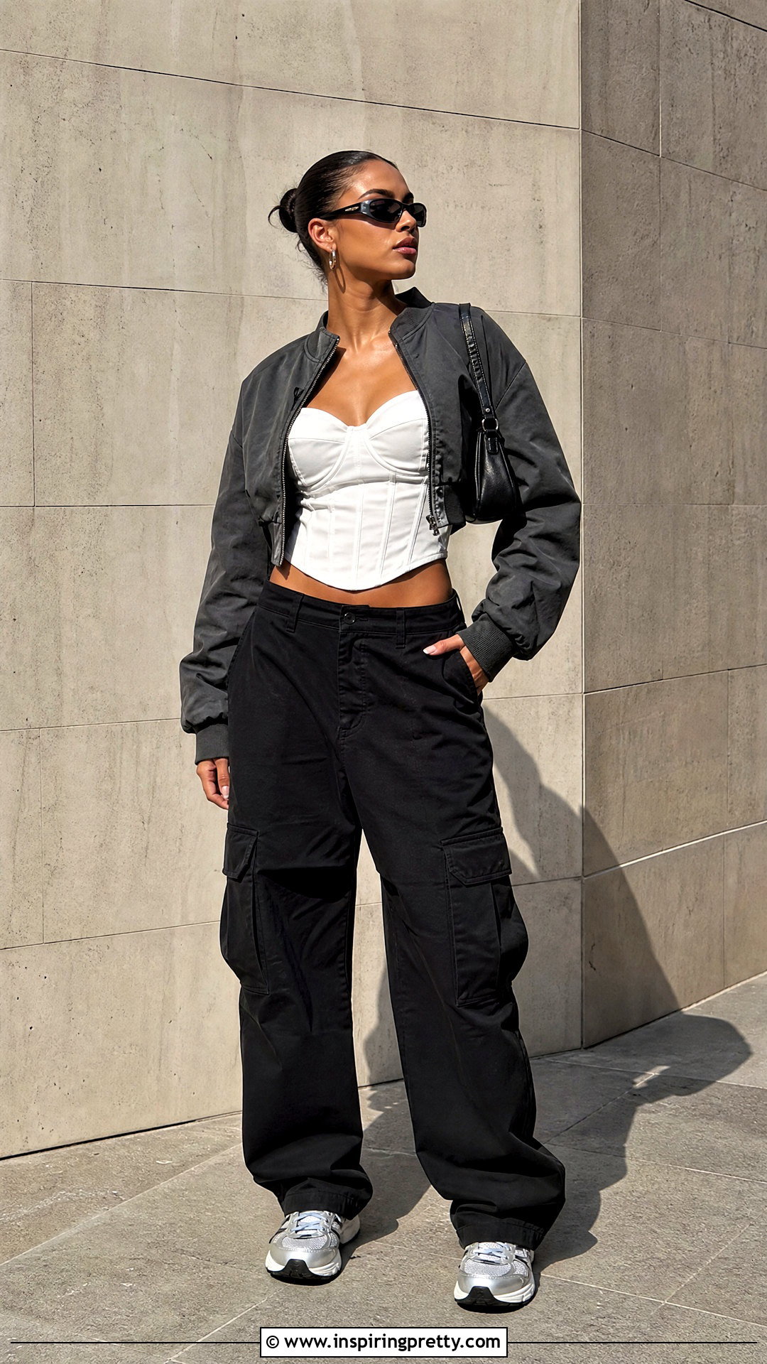 White Corset Top With Bomber Jacket And Cargo Pants - 50 white corset top outfit ideas