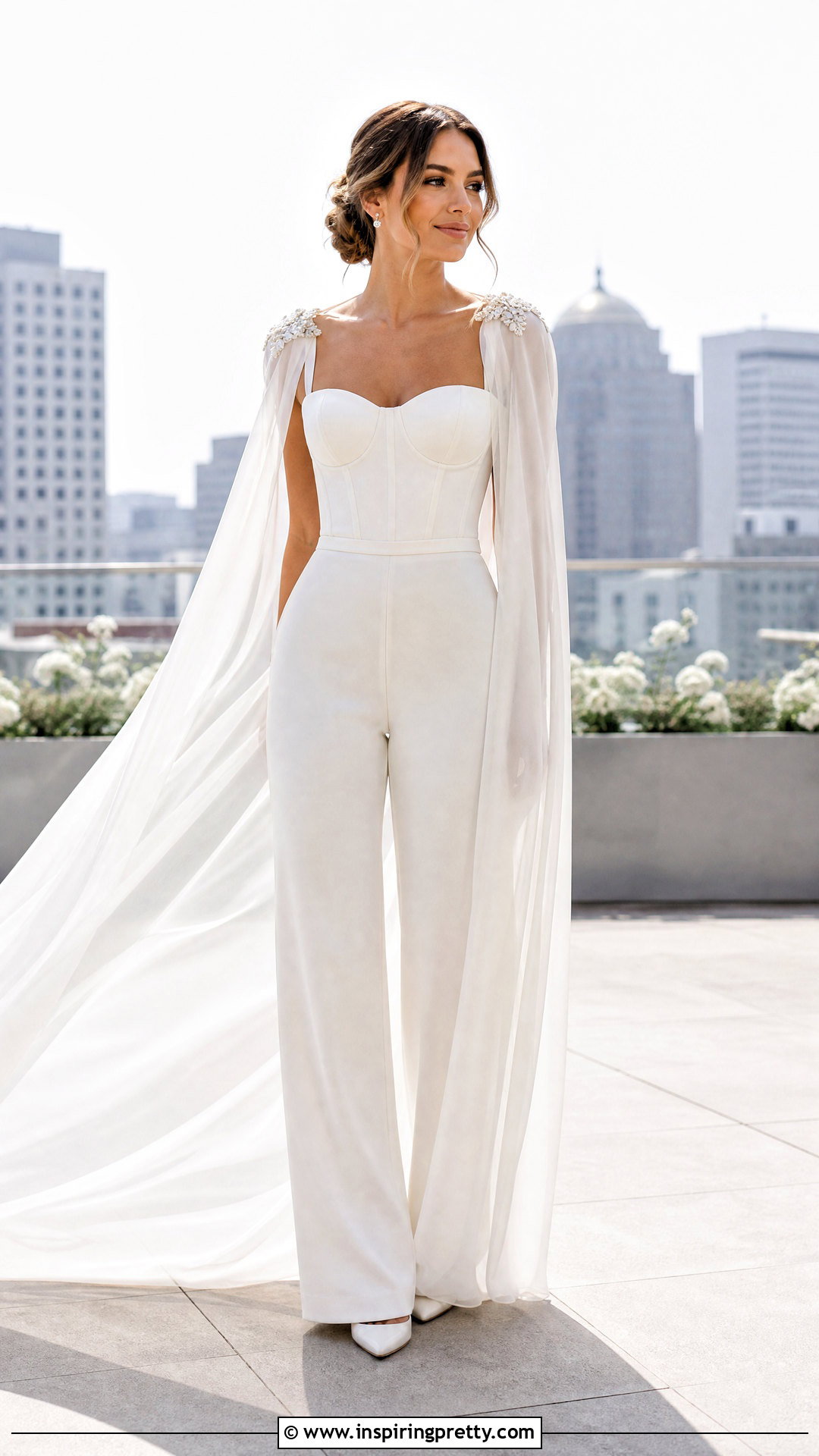 White Corset Top With Bridal Cape And Trousers - 25 White Corset Top Wedding outfit ideas