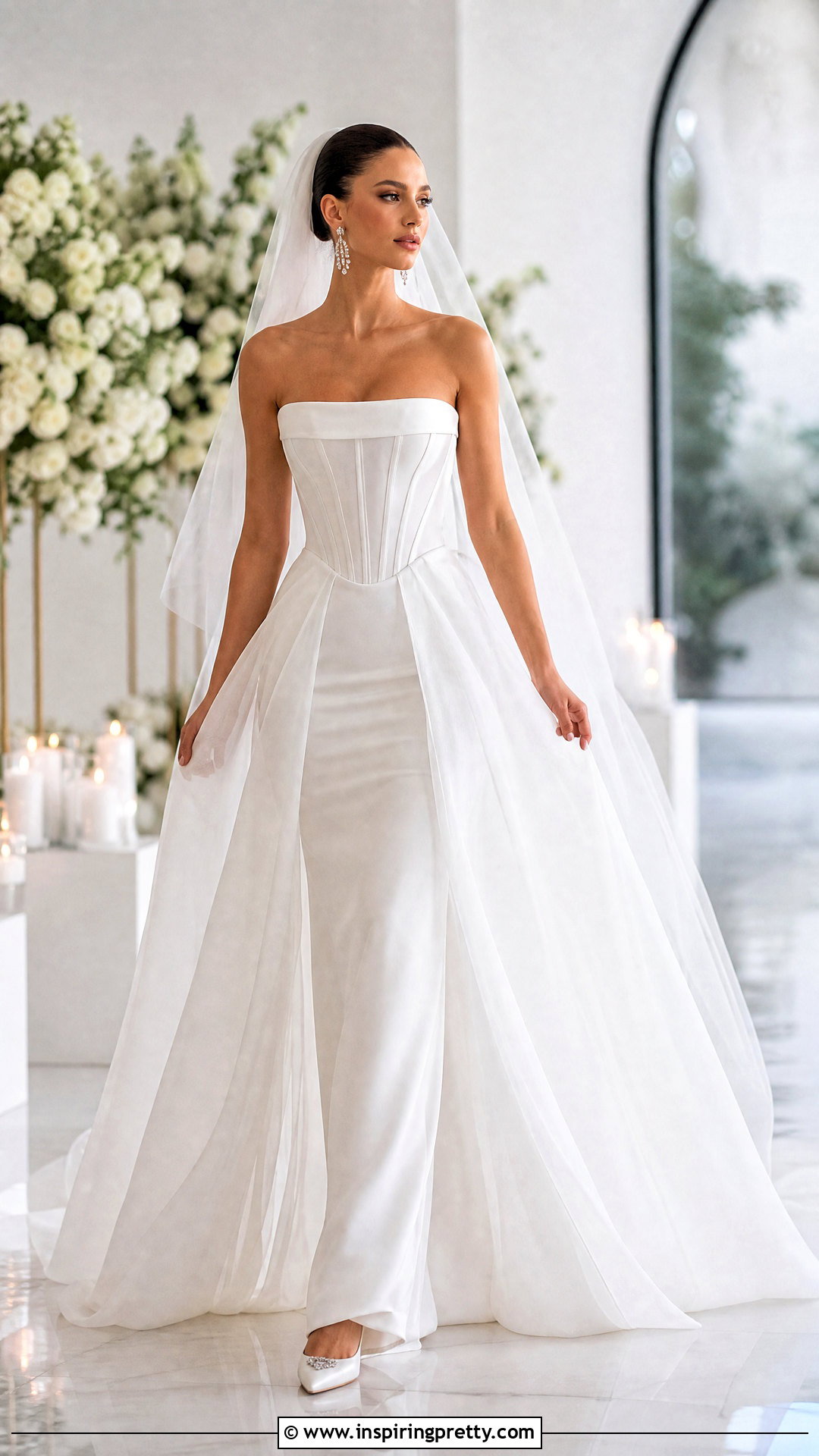 White Corset Top With Detachable Organza Overskirt - 25 White Corset Top Wedding outfit ideas