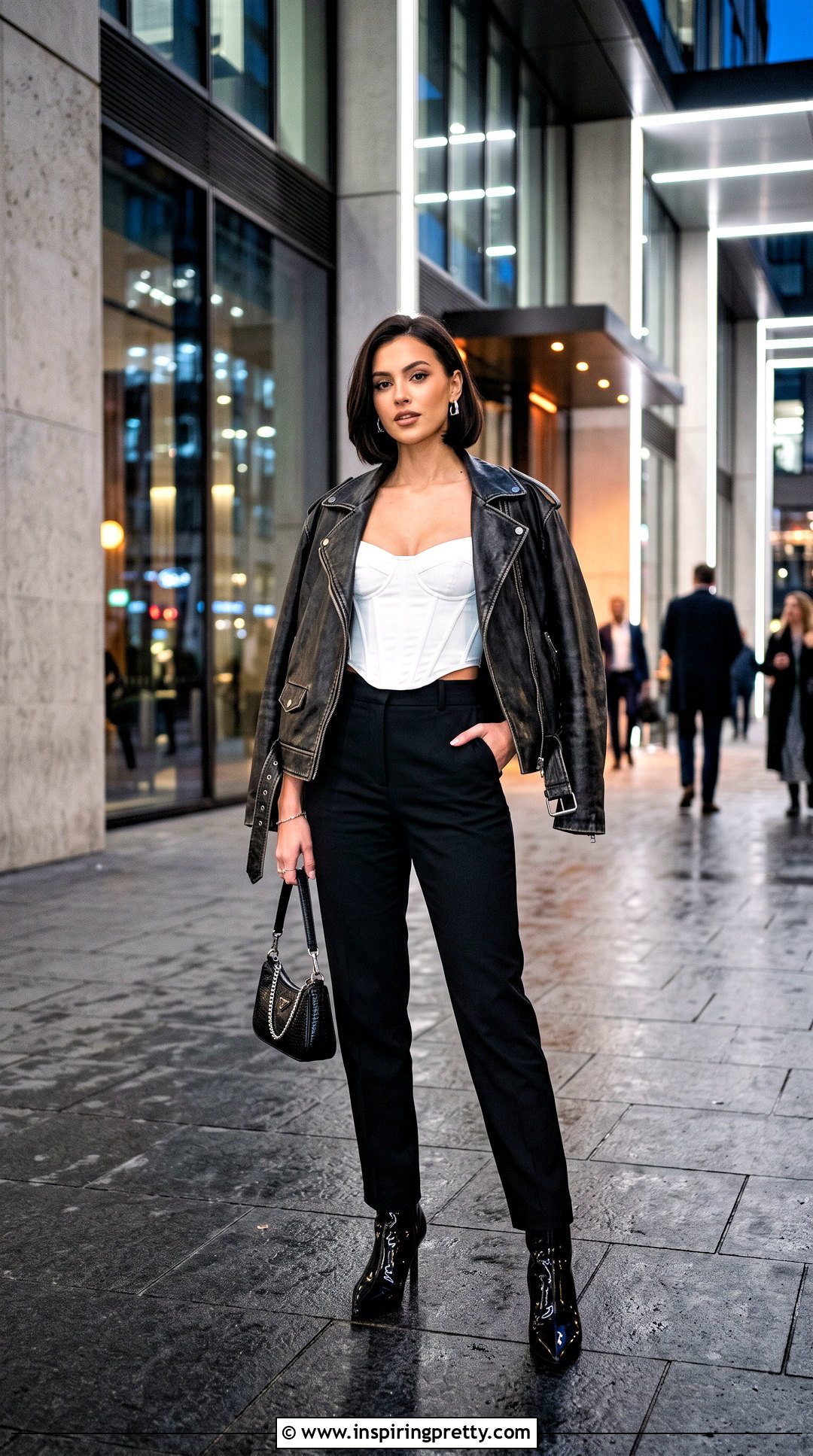 White Corset Top With Leather Jacket And Trousers - 50 white corset top outfit ideas
