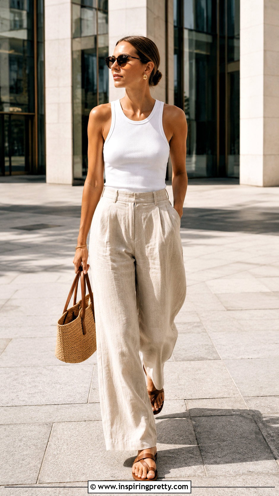 White Cotton Tank With Linen Trousers - 50 summer cotton tops outfit ideas