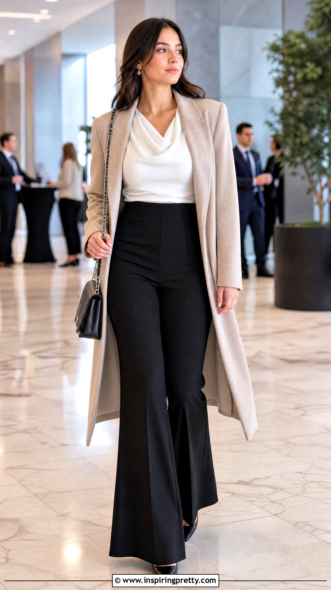 White Cowl Neck Top With Black Flare Pants - 50 white top and black pants outfit ideas