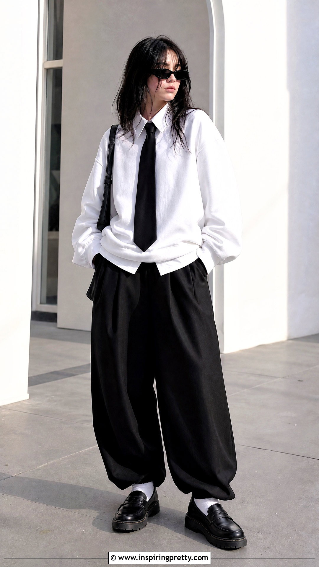 White Crewneck Over A Collared Shirt And Trousers - 25 Billie Eilish White Top outfit ideas