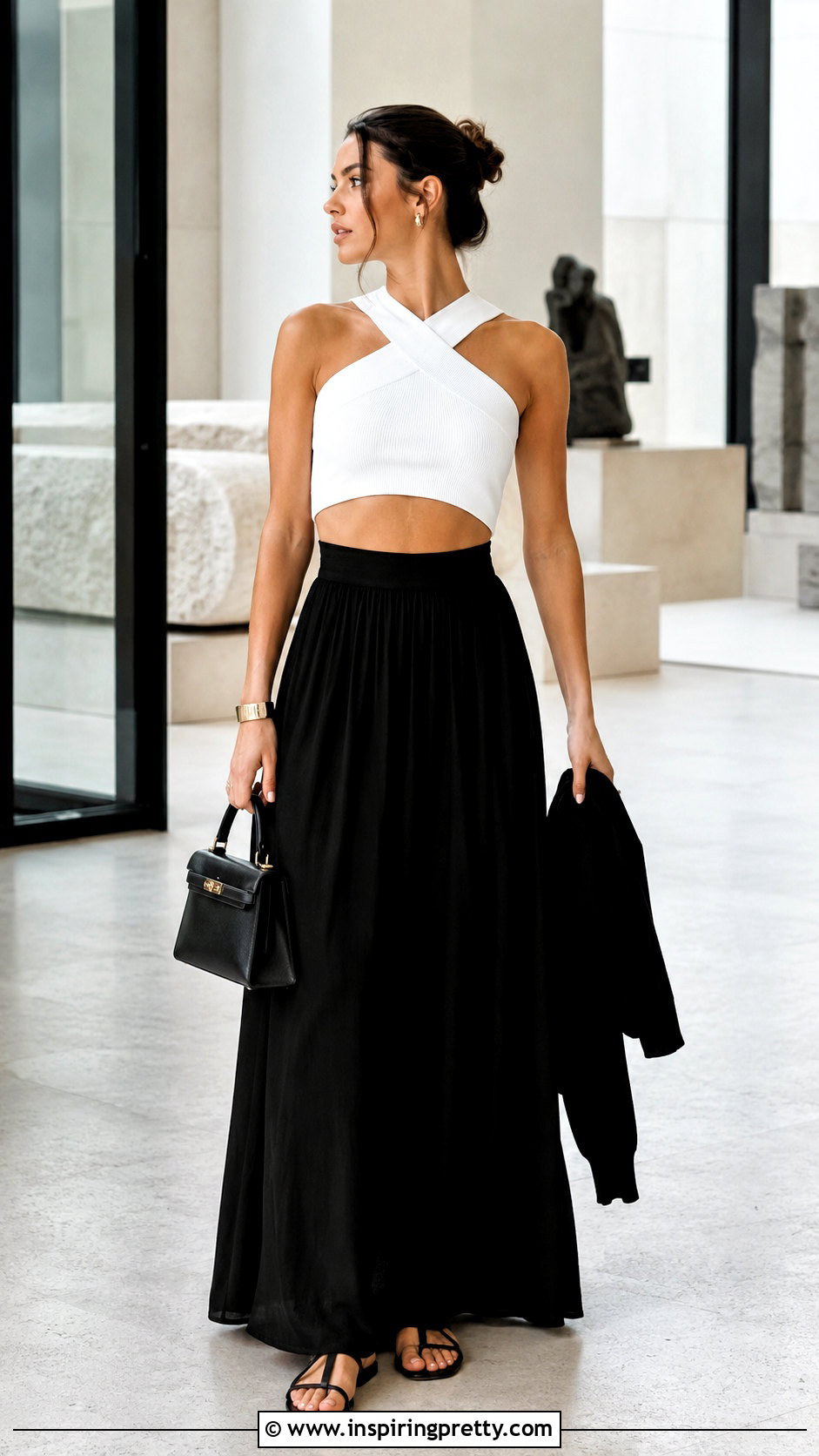 White Criss Cross Crop Top With Black Maxi Skirt - 20 white criss cross crop top outfit ideas